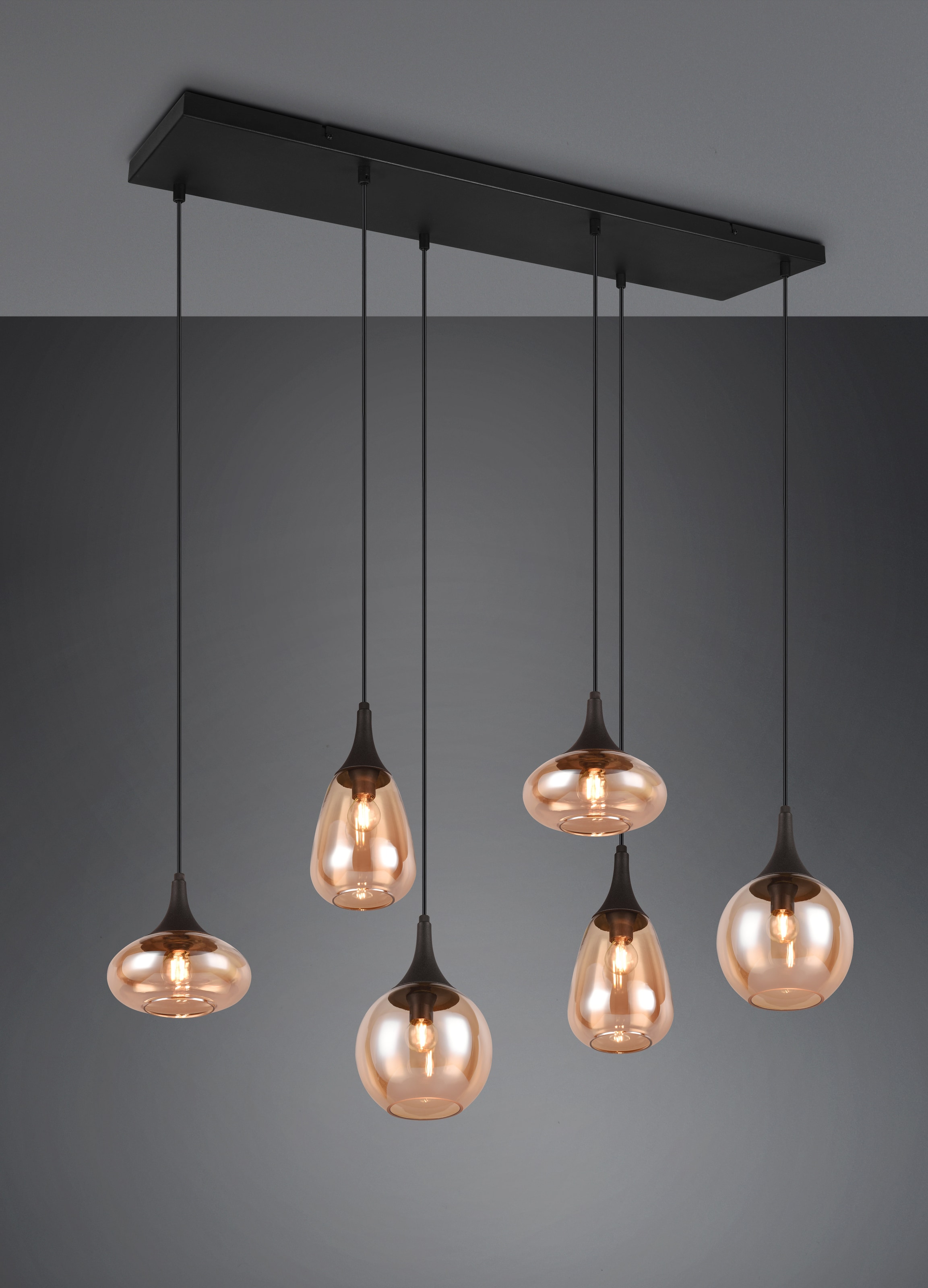 TRIO Leuchten Pendelleuchte »Lumina, E14 Hängelampe 6-flammig Glasschirme in 3 Formen amberfarbig« E14 1 Stk. warmweiß - kaltweiß exkl 6x E14 max 40W, Hängeleuchte höhenverstellbar bis max 150 cm