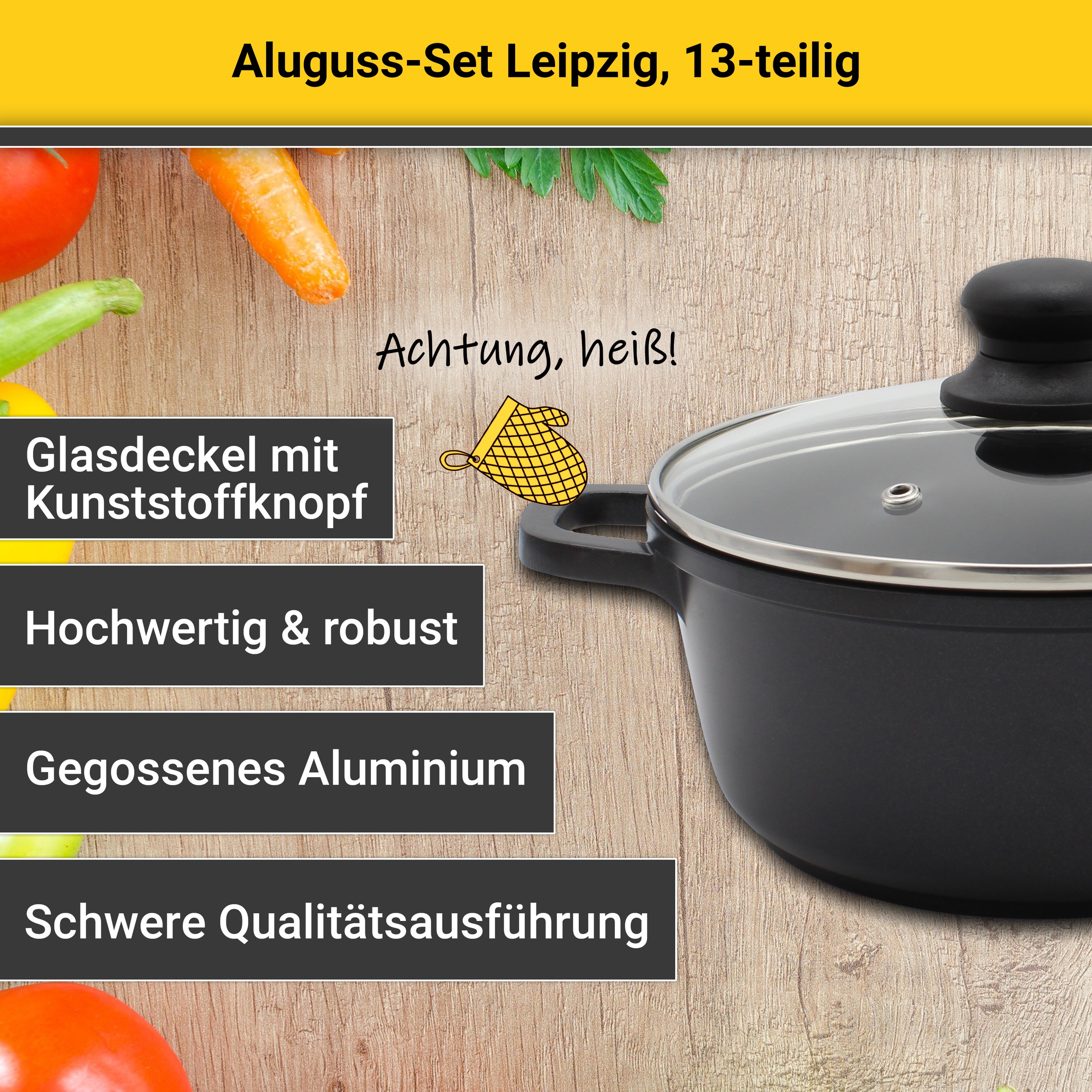 Krüger Topf-Set »Aluguss Topf-/Pfannenset LEIPZIG inkl. Küchenhelfern, 13 tlg.«, Aluminiumguss, (Set, 13 tlg., Fleischtopf 16+20 cm, Pfanne flach 20+28 cm, 7 tlg. Küchenhelferset), inkl. 7-tlg. Küchenhelfer-Set