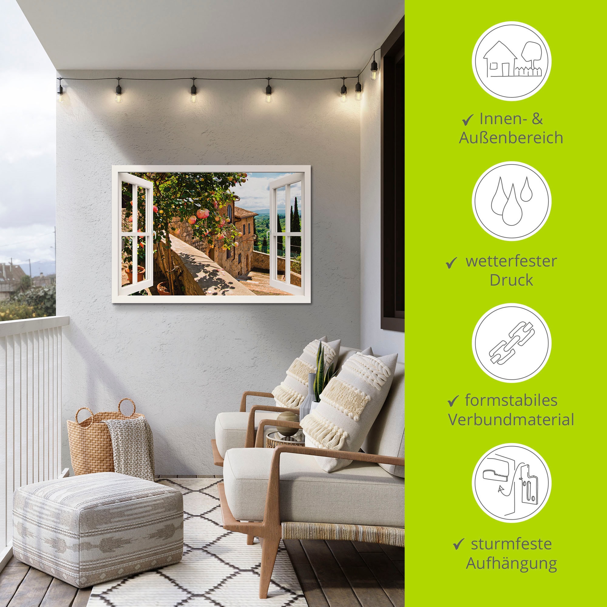 Artland Wandbild »Fensterblick Rosen auf Balkon Toskana«, Garten, (1 St.), als Alubild, Outdoorbild, Leinwandbild, Poster, Wandaufkleber
