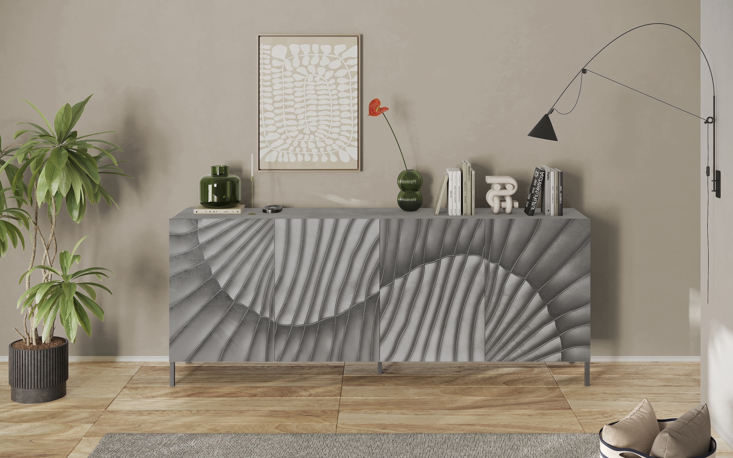 INOSIGN Sideboard »Snake, Kommode, Anrichte, Stauraummöbel Breite 241 cm, Siebdruck-Front« moderne Wohnmöbel, 4 Türen, viel Stauraum, stilvoll und funktional