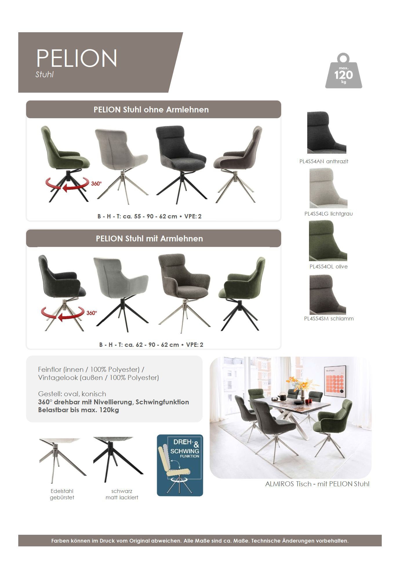 MCA furniture Esszimmerstuhl »PELION«, Feingewebe, (2er-Set), drehbar 360°, Dreh- & Schwingfunktion, Sitzhöhe ca. 50 cm