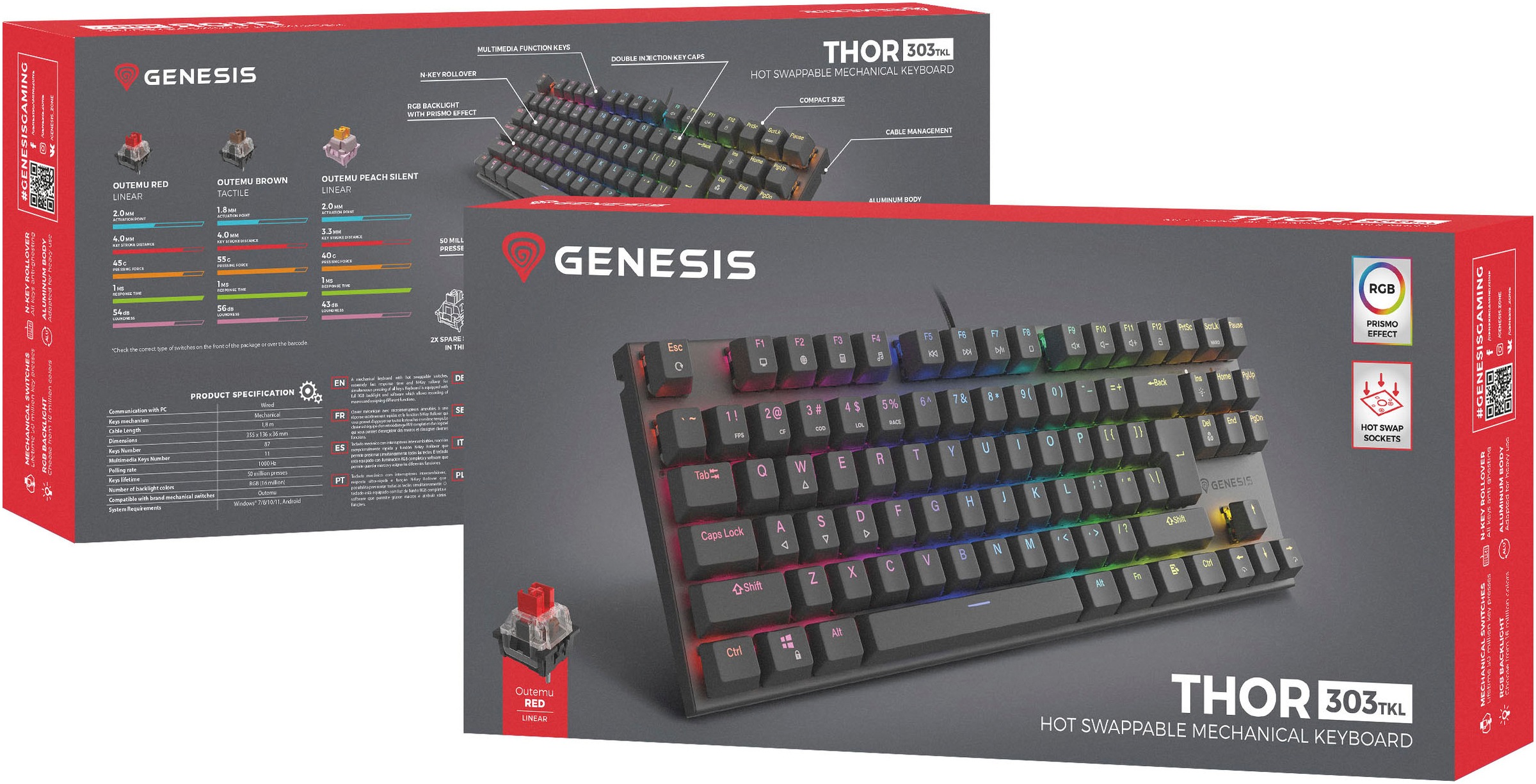 Genesis Gaming-Tastatur »THOR 303 TKL«, (Antirutsch-Füße-USB-Anschluss-Funktionstasten-Profil-Speicher-Windows-Sperrtaste-Multimedia-Tasten-Makrotasten)