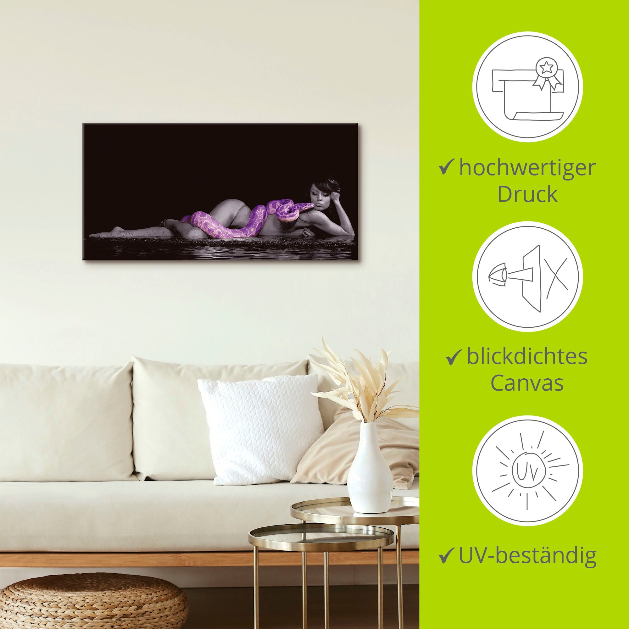 Artland Leinwandbild »Frau in Wasser liegend mit Python« Frau 1 Stk. tlg. auf Holzrahmen gespannt