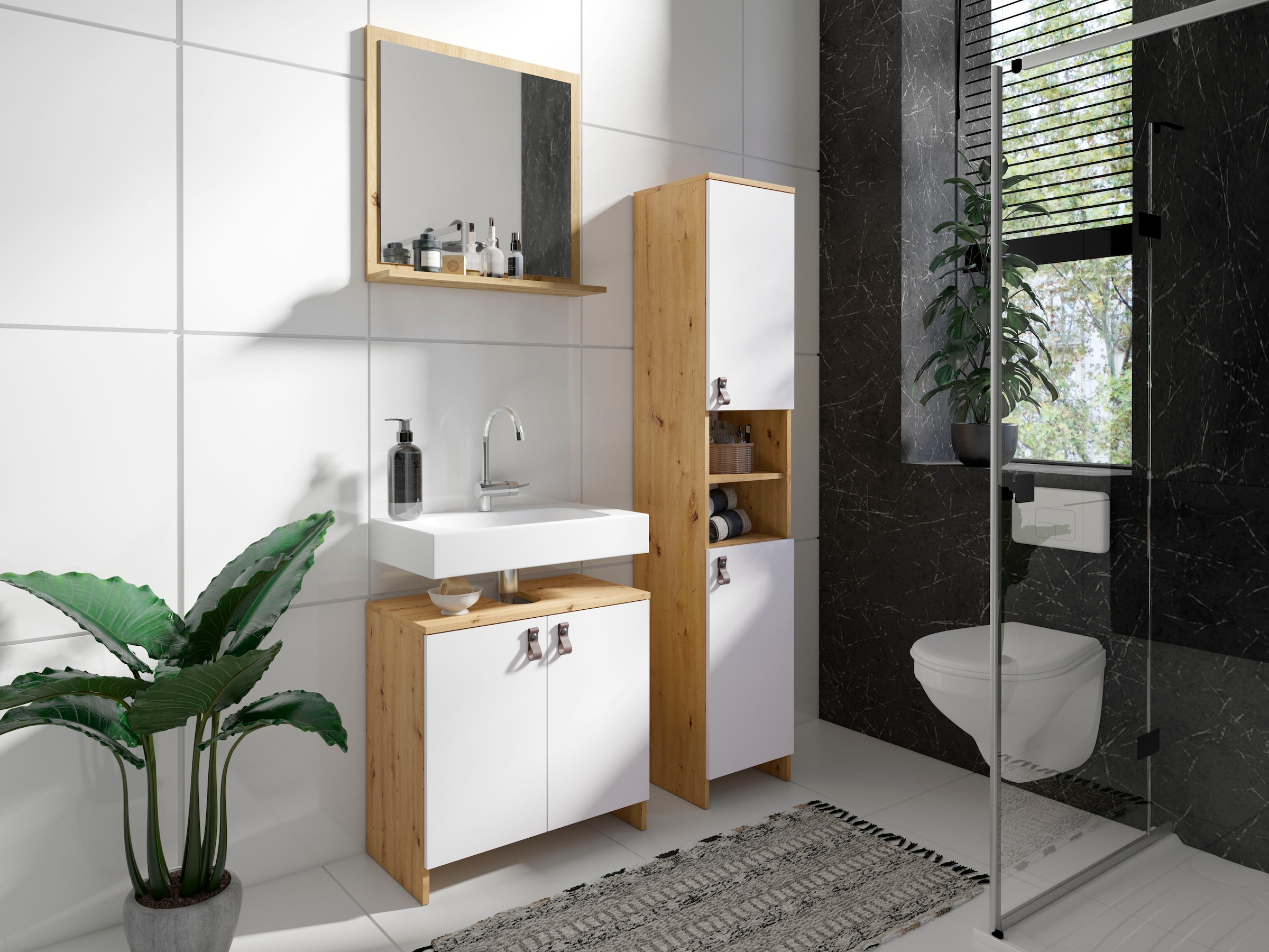 Homexperts Waschbeckenunterschrank »New Port«, Badezimmerschrank in skandinavischem Design mit Kunstledergriffen