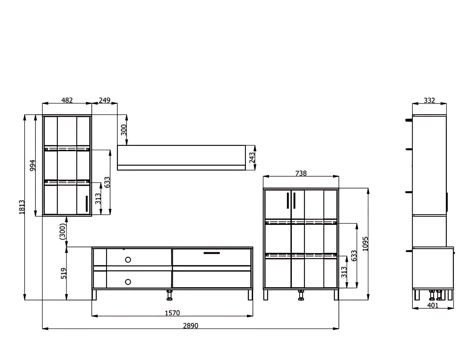 Home affaire Wohnwand »Sheffield, inkl. TV-Board, Highboard, Hängevitrine und Wandregal«, (Komplett-Set, 4 St.), Getöntes Glas, 2D-beschichtetes MDF-Profil, Heißprägedetails