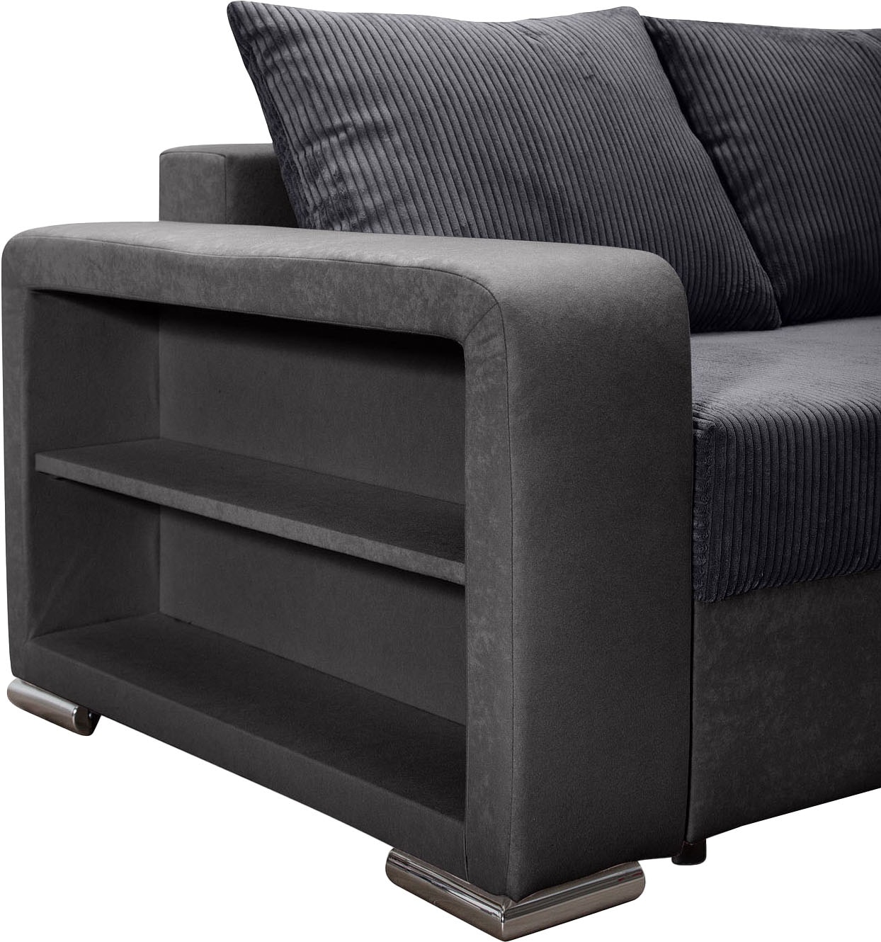 COLLECTION AB Ecksofa »John L-Form, B: 226 cm« Bettfunktion, Bettkasten, Regalelement & 2 Zierkissen