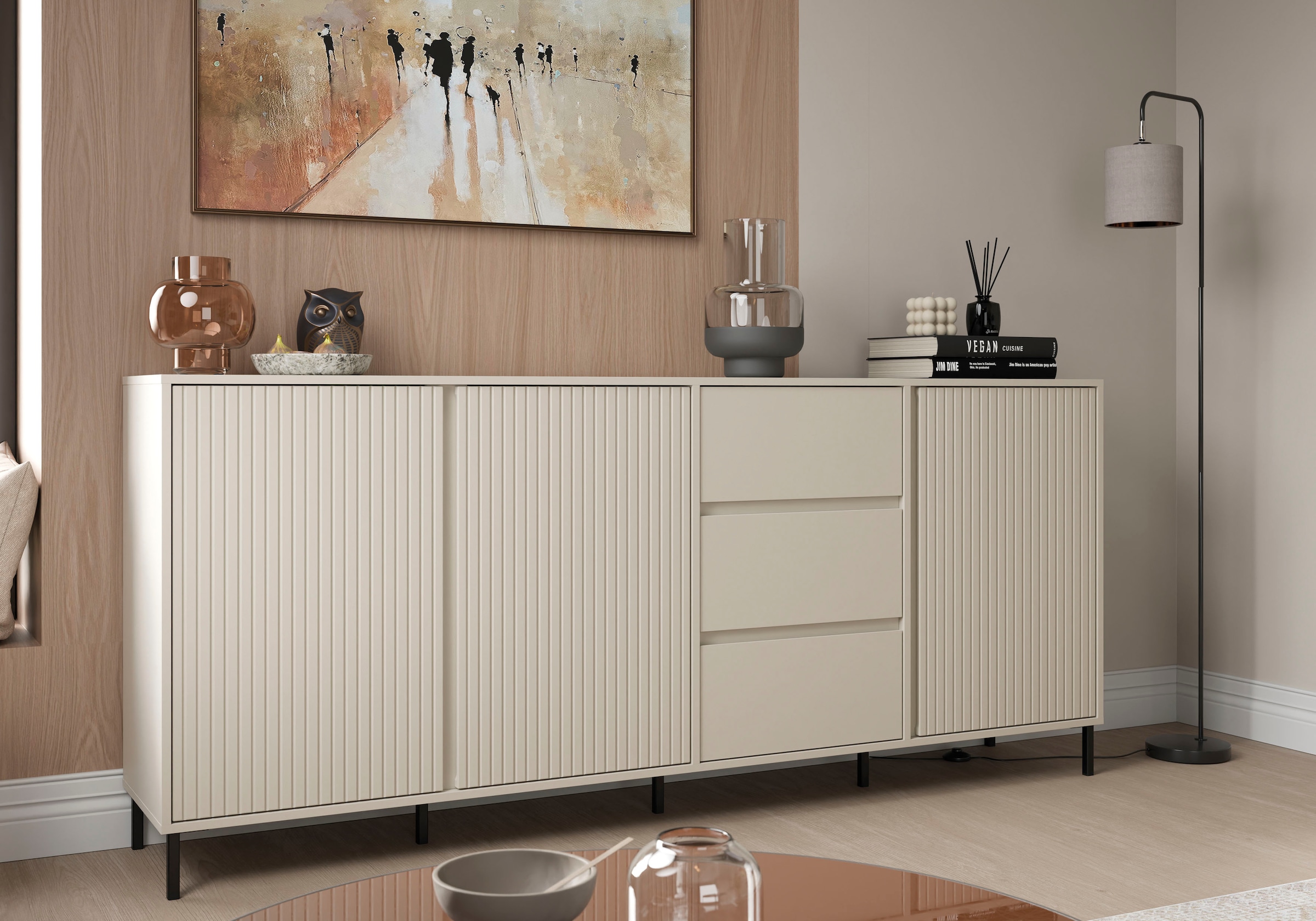 Home affaire Sideboard »AVENALE« Sideboard mit Metallfüßen, Breite 212 cm, Fronten geriffelt