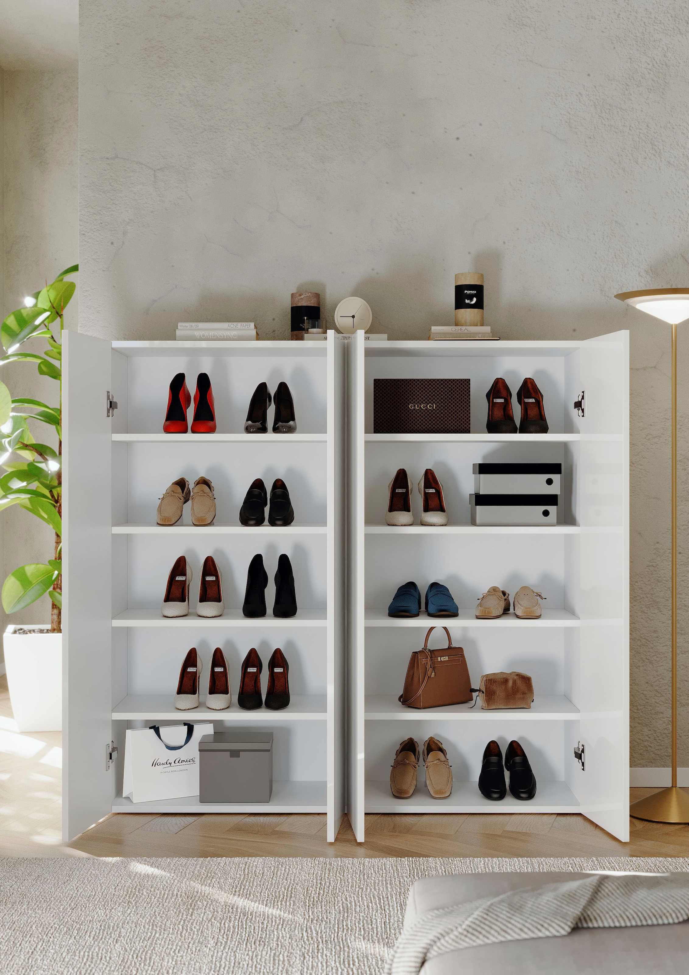 INOSIGN Schuhschrank »SMILE Breite 124 cm, Höhe 114 cm, Schuhregal mit 5 Ebenen, 10 Fächer,«, Schuhkommode in Weiss Hochglanz Lack