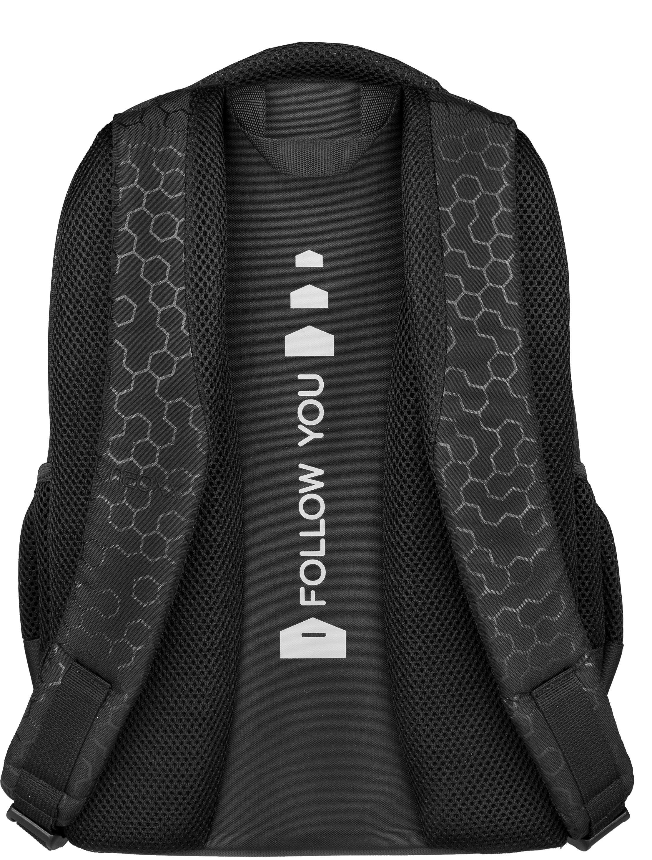 neoxx Schulrucksack »Fly, Lost in black«, Reflektionsnaht, aus recycelten PET-Flaschen