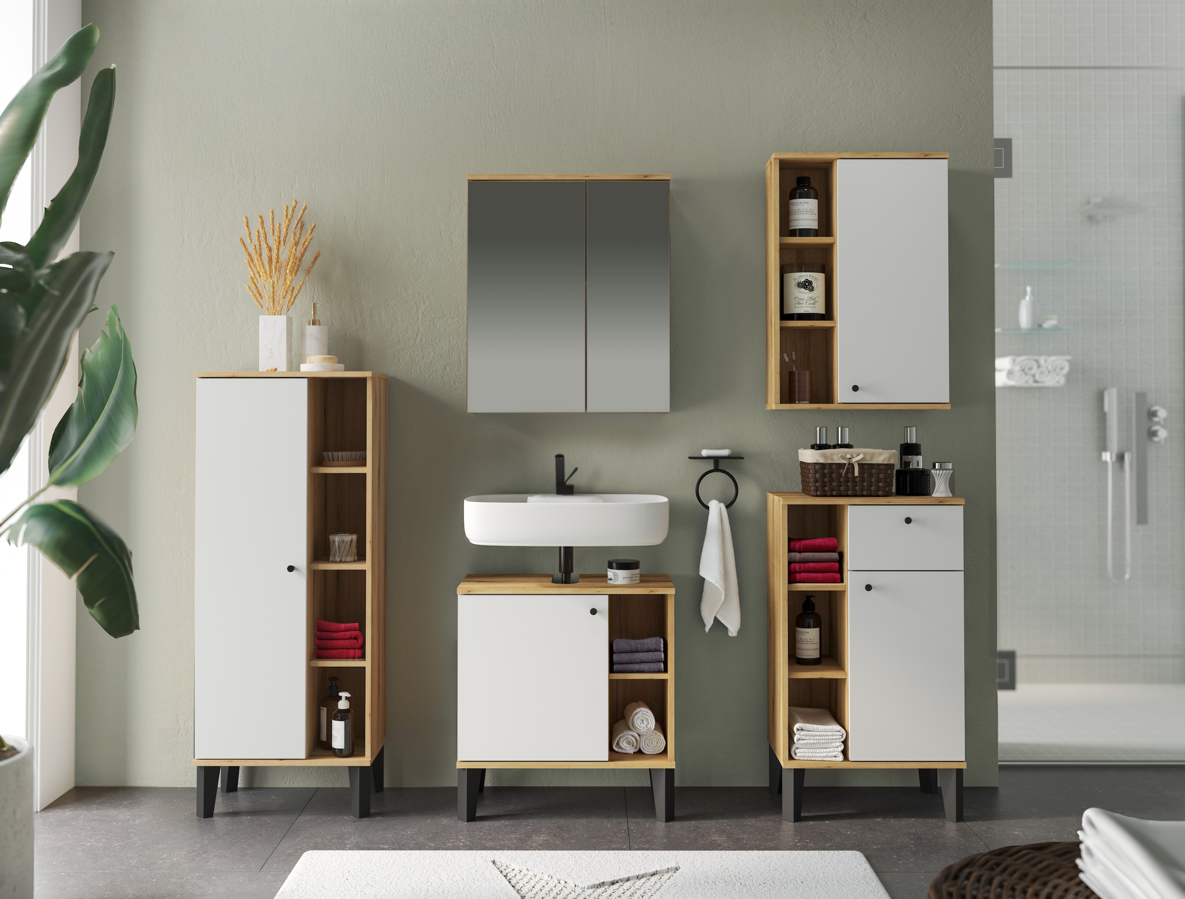 INOSIGN Badmöbel-Set »OSLO, Bad im skandinavischen Design, 5-teiliges Badezimmer«, (Set, 5 St.), Badschränke und Spiegel, in zwei Farben verfügbar, viel Stauraum