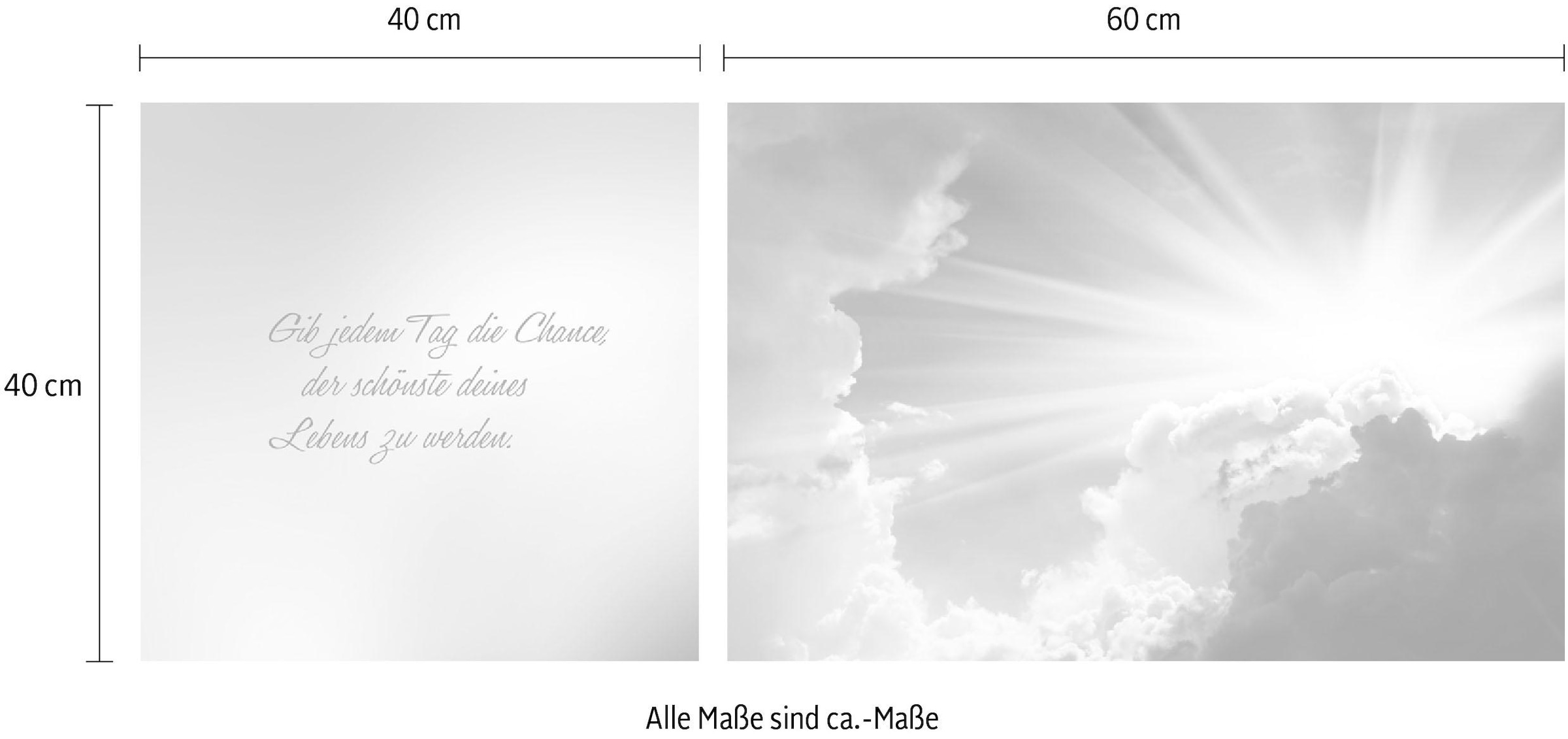 queence Leinwandbild »Schönste Tag des Lebens«, Himmel-Himmelsbilder-Kunst-Modern-Spa-Spa Bilder-Sprüche-Sprüche & Texte-Schriftzug-Schriftzüge-Liebessprüche-Sonnenaufgang, (Set), Premium-Leinwandstoff, Handarbeit aus Deutschland, Zitat, 2er Set