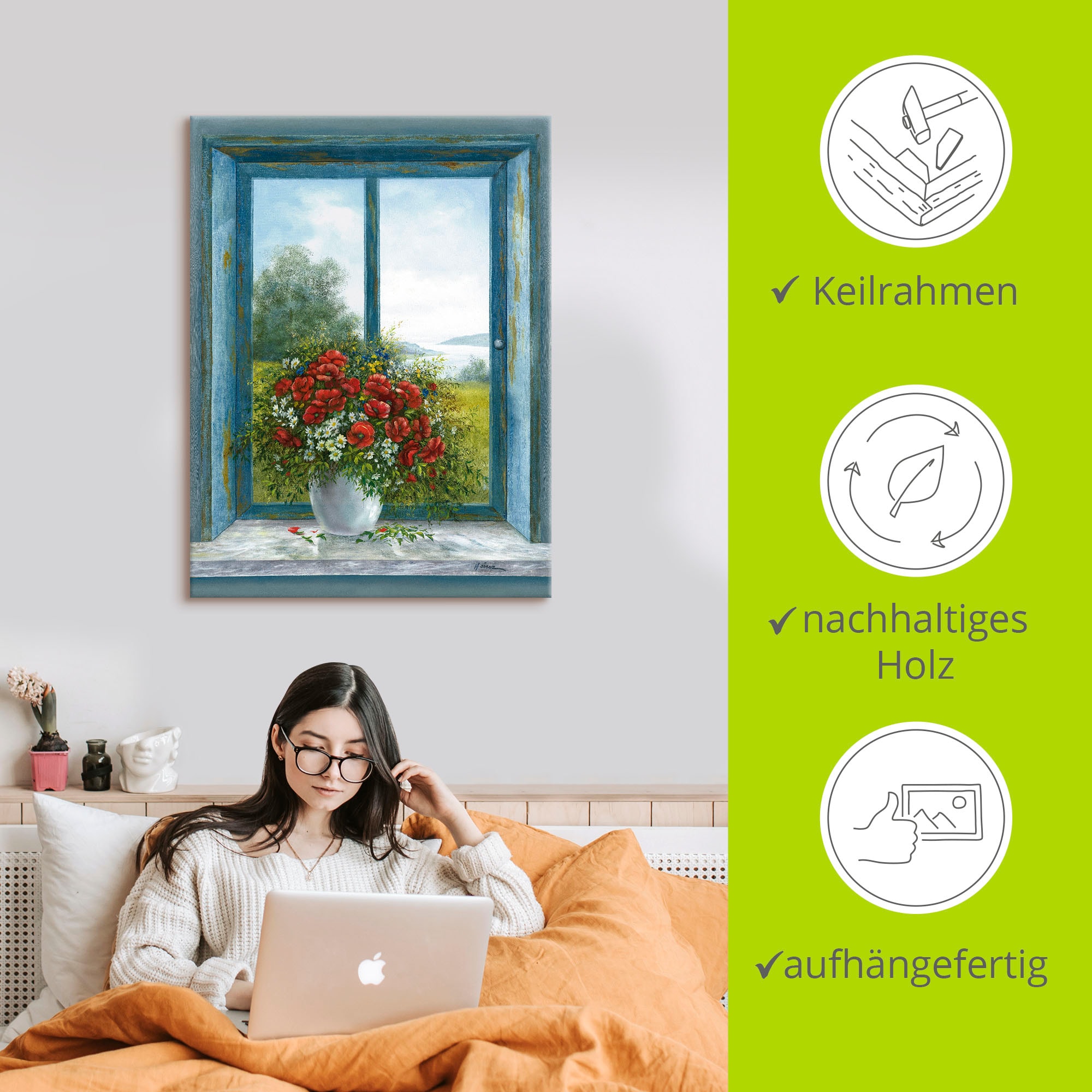 Artland Leinwandbild »Mohnblumen am Fenster« Arrangements 1 Stk. tlg. auf Holzrahmen gespannt