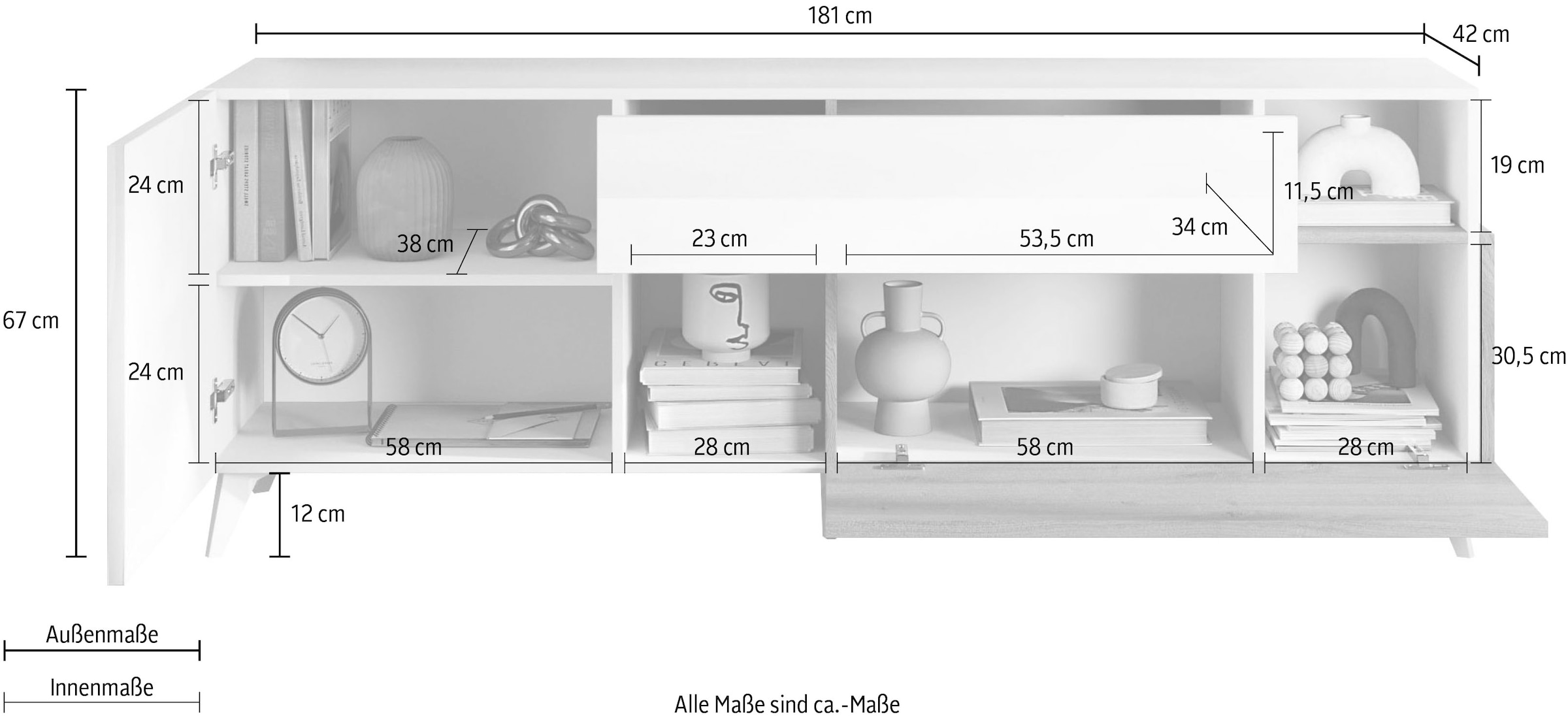 INOSIGN Lowboard »Monaco Breite 181 cm, TV-Board mit 1 Tür, 1 Klappe u. 1 Schubkasten«, Fernsehtisch, TV-Schrank, Soft/Self Closing