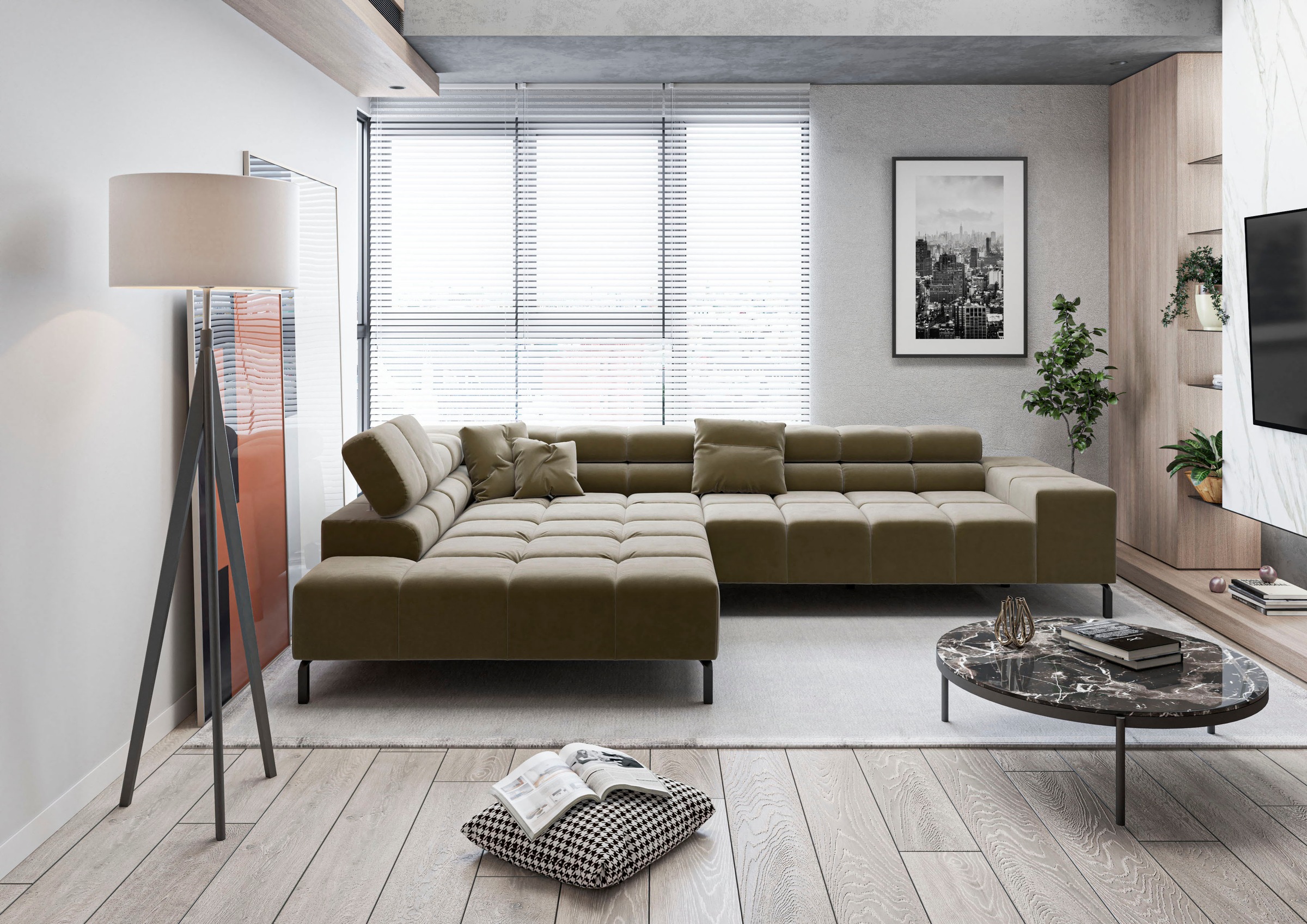 INOSIGN Ecksofa »Ancona New, wahlweise motorische Sitztiefenverstellung, auch in Cord«, feine Steppung, mit Kopfteilverstellung, 3 Zierkissen, L-Form