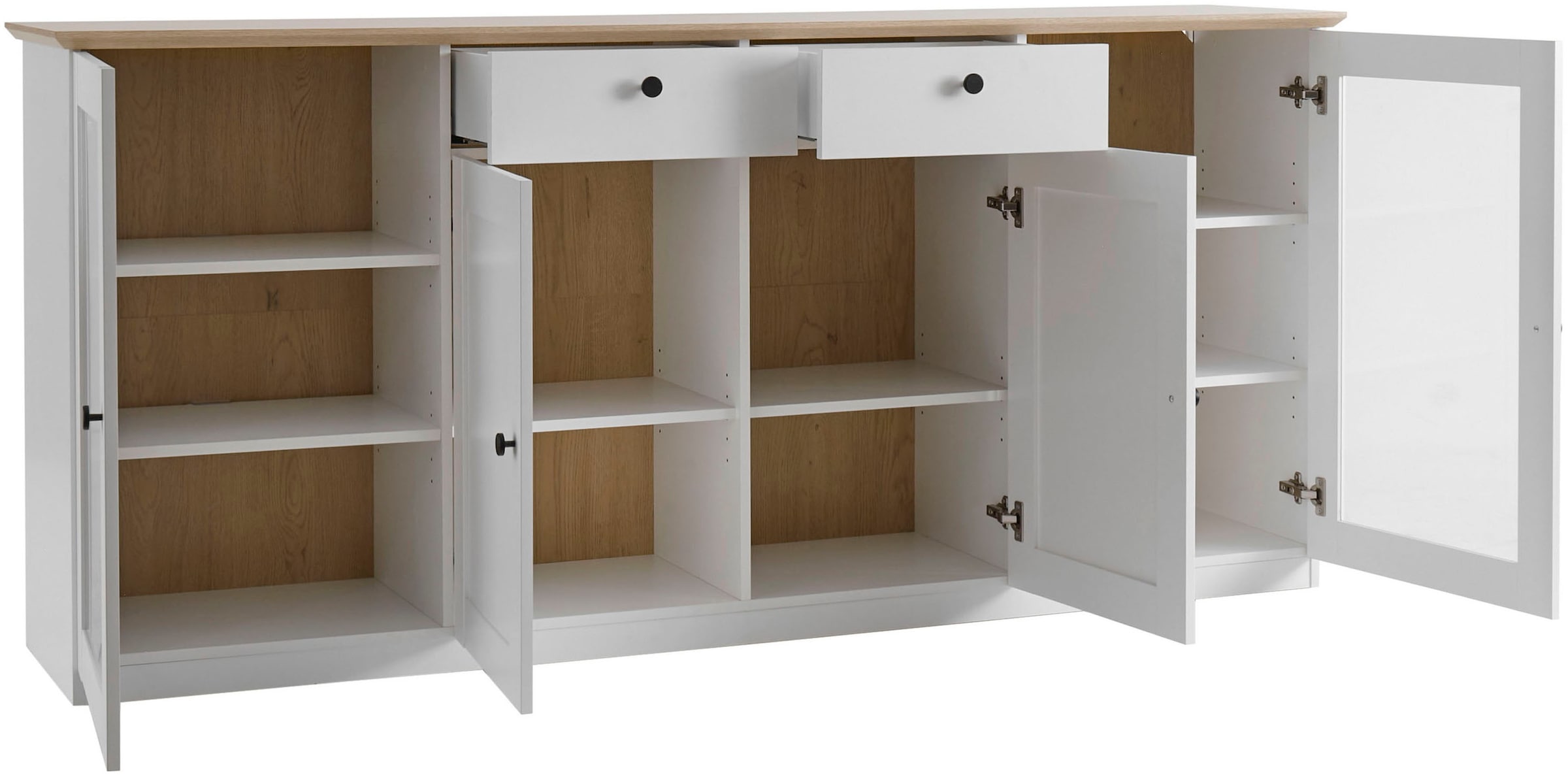 OTTO home Sideboard »Brest, Schrank im Landhausstil, Kommode, zeitloses Stauraumelement« schwarze Metallgriffe, ausreichend Stauraum, Glastüren, 204 cm breit