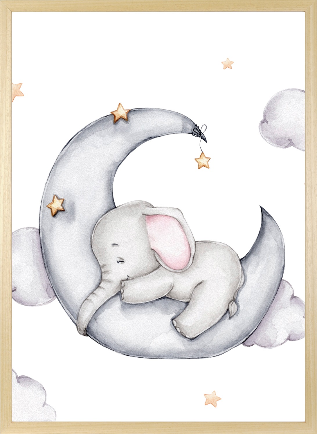 queence Bild mit Rahmen »Elefant auf Halbmond«, Bilder vom Sternenhimmel-Elefant-Elefanten-Elefanten Bilder-Himmel-Himmelsbilder-Stern-Sterne-Tiere-Wolken, (1 St.), HD Premium Posterdruck mit Echtholzrahmen