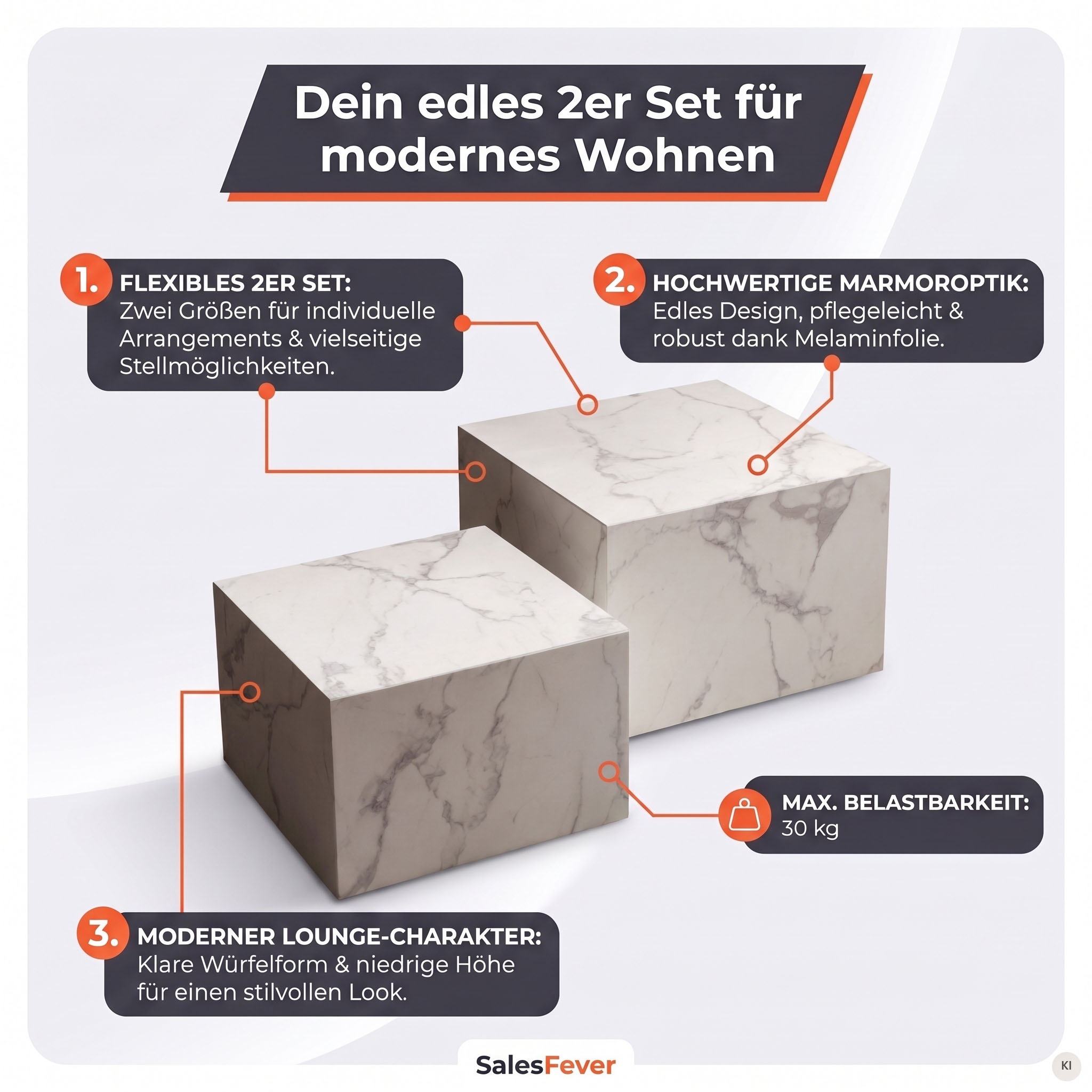 SalesFever Couchtisch »Almeria - Stilvoller Wohnzimmer- und Beistelltisch« Set, 2er Set, 2 Stk. tlg. Quadratisches 2er-Set in edler Marmoroptik