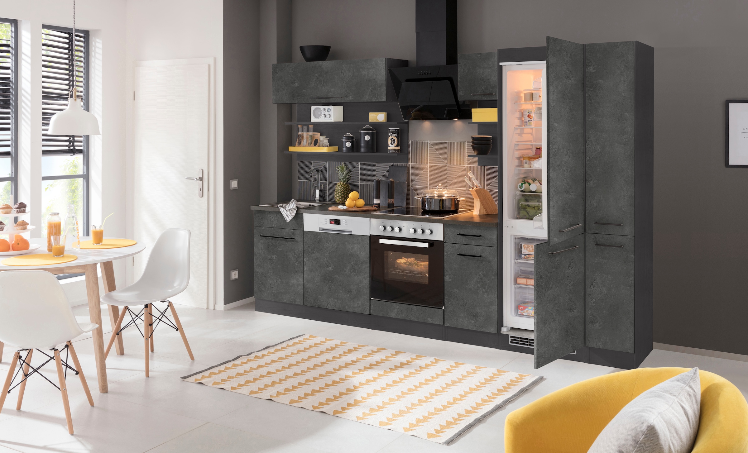 KOCHSTATION Küchenzeile »KS-Tulsa«, ohne E-Geräte, Breite 300 cm, schwarze Metallgriffe, MDF Fronten