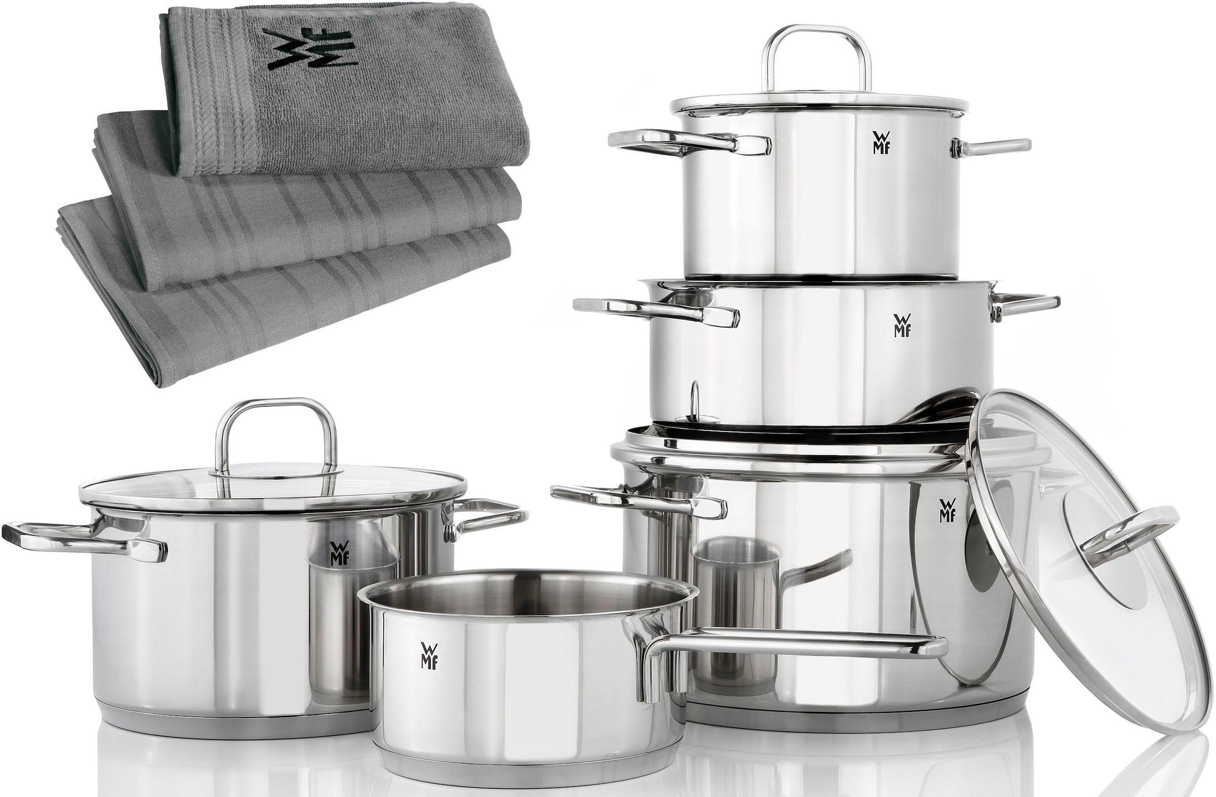 WMF Topf-Set »Inspiration«, Cromargan® Edelstahl Rostfrei 18/10, (Set, 12 tlg., Kochtopf Ø 16/20/24 cm, Bratentopf Ø 20 cm, 1 Stieltopf, 3 Handtücher)
