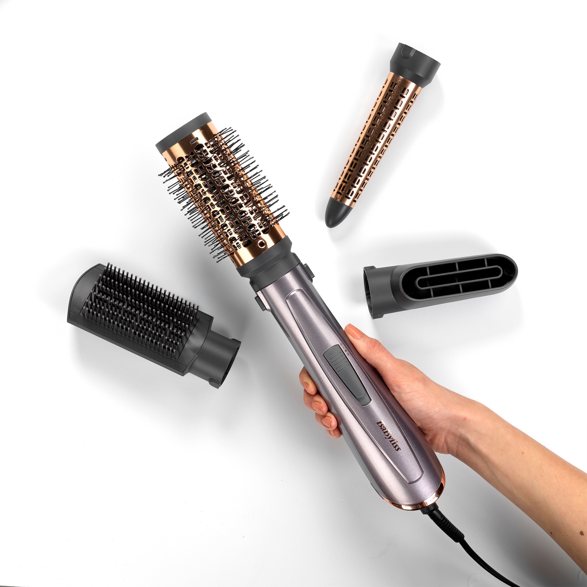 BaByliss Warmluftbürste »Air Style 1000 Warmluftbürste mit 4 Aufsätzen, 1000W, AS136E« 4 Aufsätze 4-in-1 Styler zum Föhnen, Glätten, Locken und für Volumen, Ionen