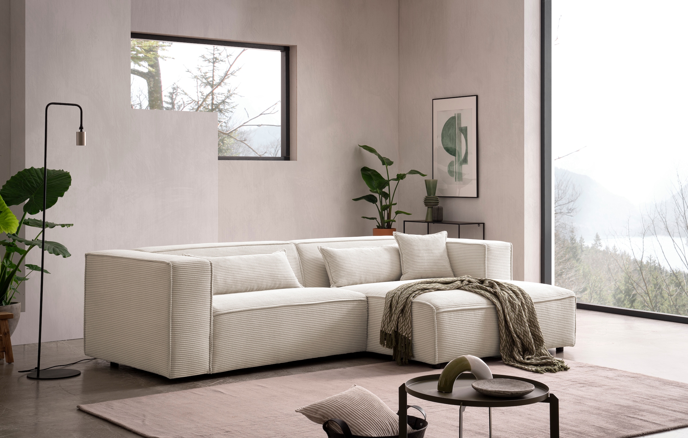 LeGer Home by Lena Gercke Ecksofa »PIARA mit Kedernaht in Cord oder Leinenoptik, moderne Couch in L-Form«, wahlweise Ottomane rechts/links, schwarze Füße, bequemer Sitzkomfort