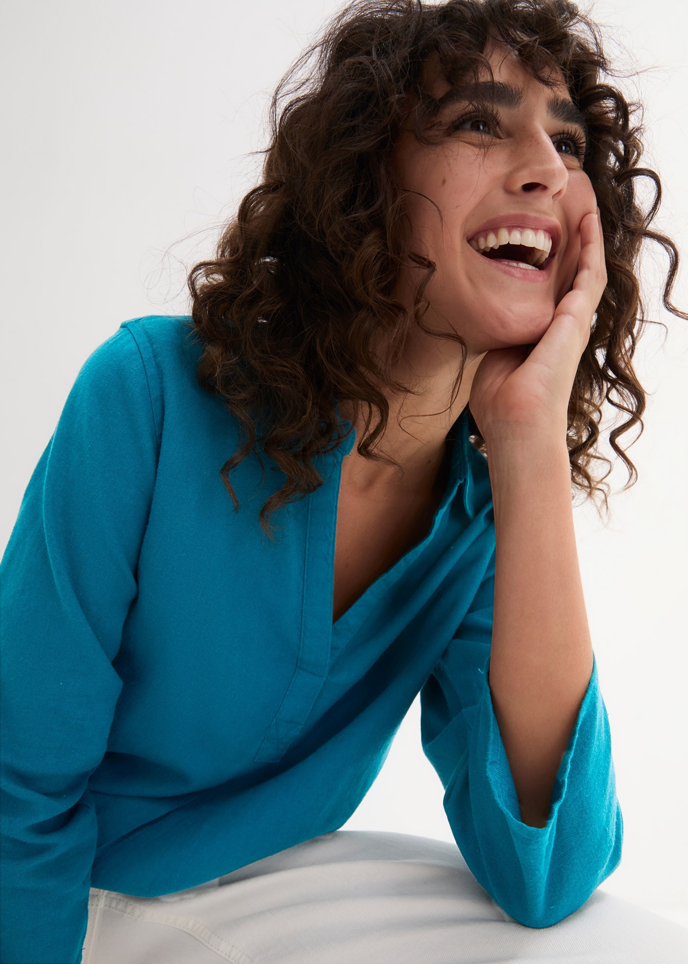 bonprix Langarmbluse »3/4-Arm Bluse mit Leinen« mit Kragen und V-Ausschnitt