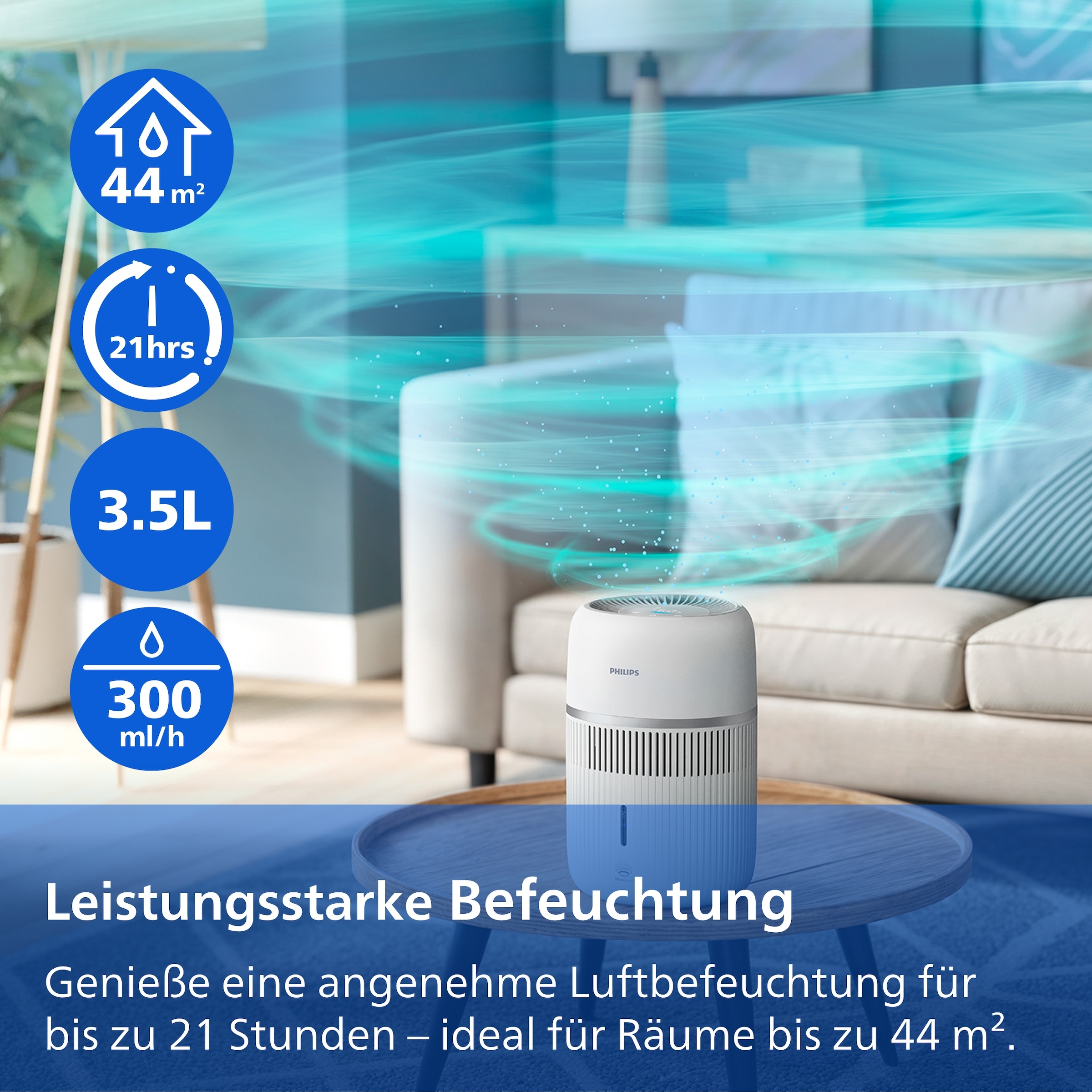 Philips Luftbefeuchter »HU4210/04 4000 Series mit 300ml/h Befeuchtungsrate« 3,5 l Wassertank , für Räume bis 44 m², mit App-Verbindung