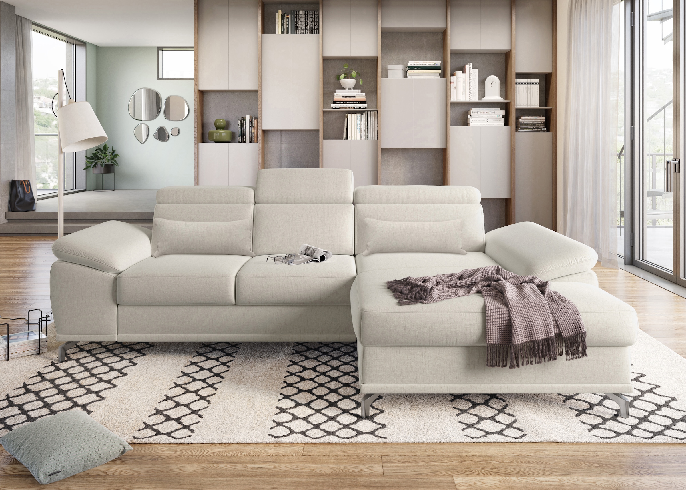 sit&more Ecksofa »Cabrio L-Form, B: 295 cm, mit Sitztiefen-, Arm- & Kopfteilverstellung«, 2 Nierenkissen, Federkern, optional Bettfunktion und Stauraum