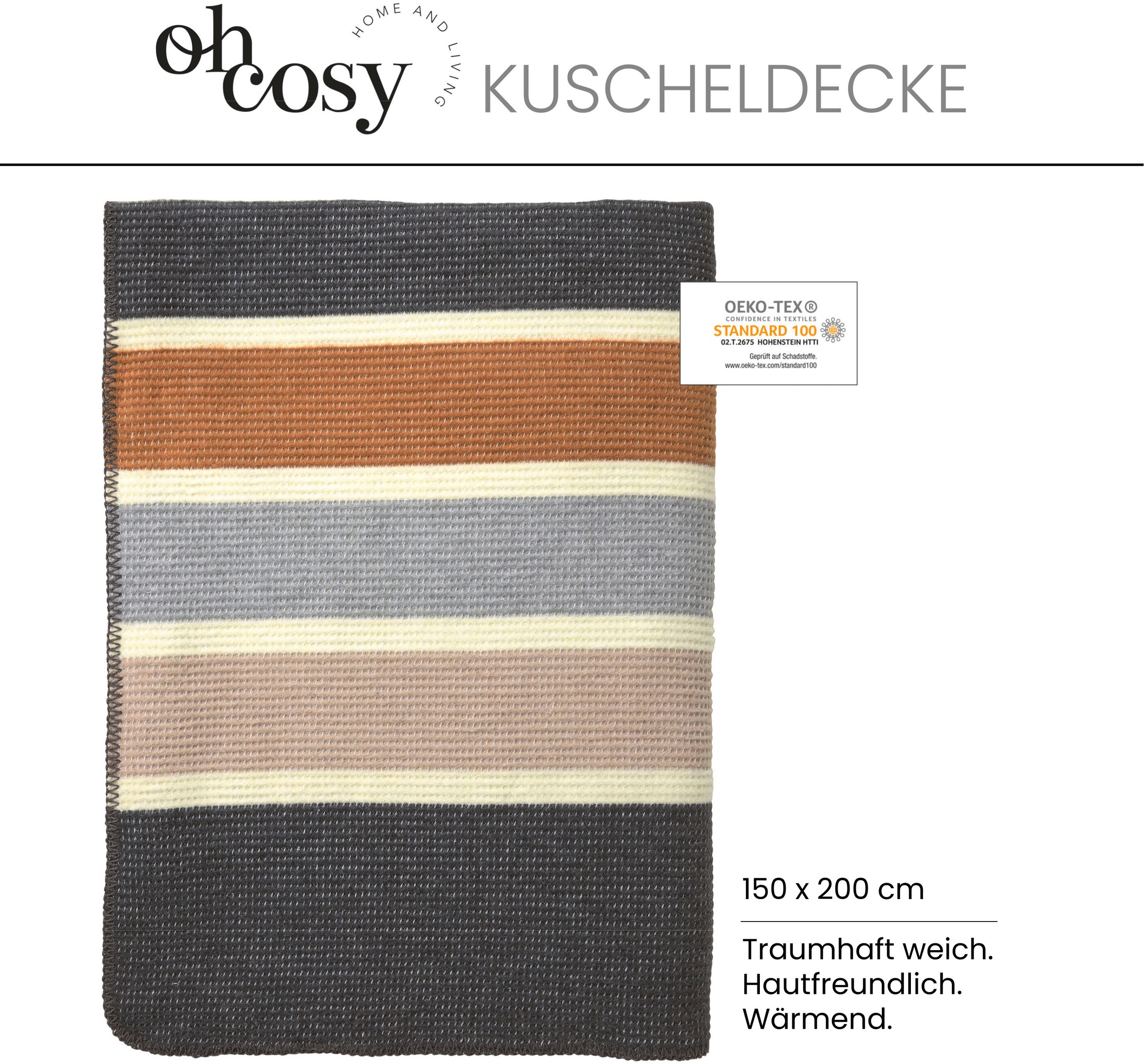Oh cosy Wohndecke »Suerte in wunderschönen Naturtönen«, Blockstreifen in Waffeloptik