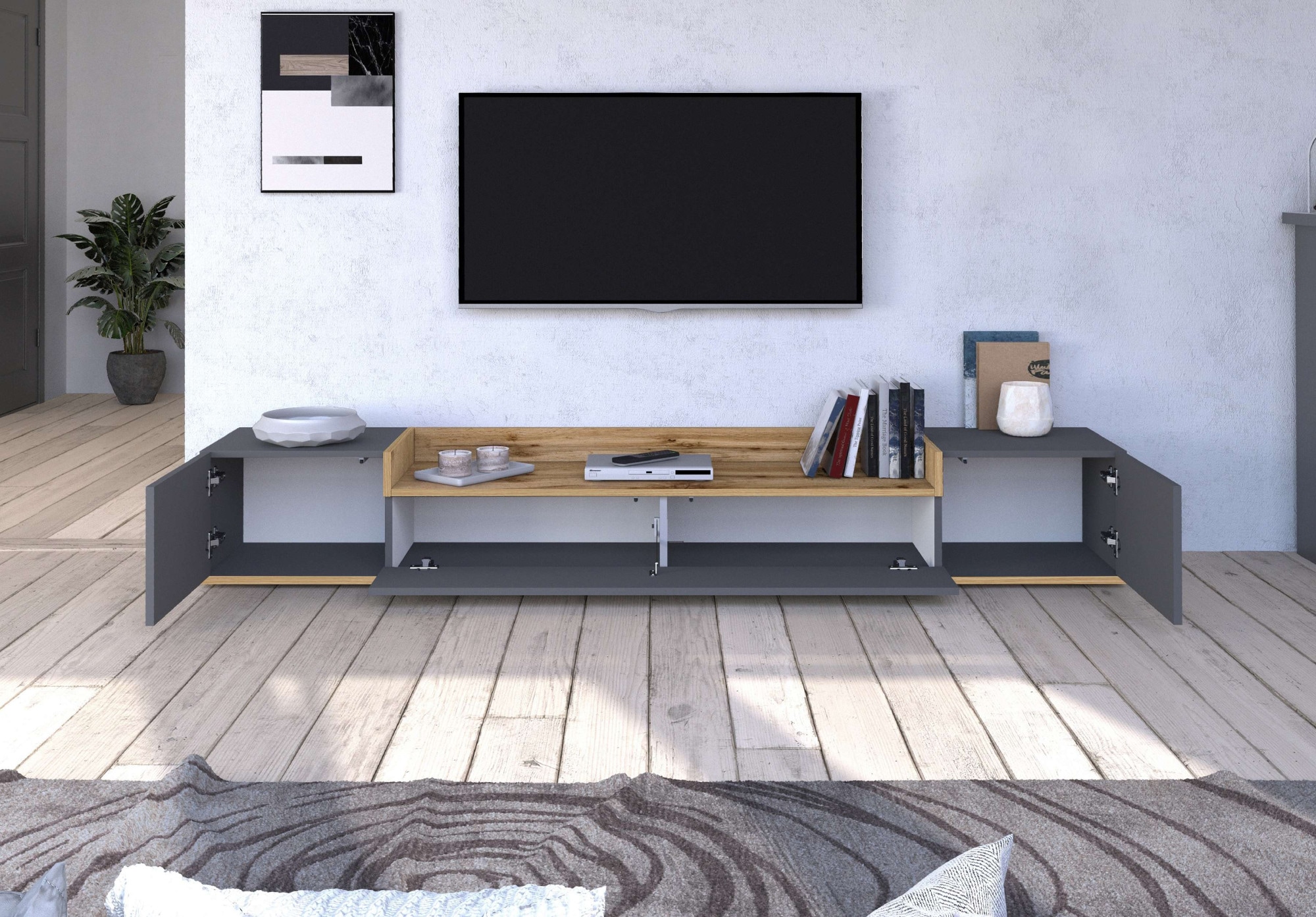 OTTO home Lowboard »BOLSENA,TV-Kommode, TV-Möbel,TV-Bank, 4 Fächer und offenes Ablagefach« 1 Stk. tlg. stehend/hängend montierbar, Made in Italy, B/T/H: 200 × 35 × 31,2 cm