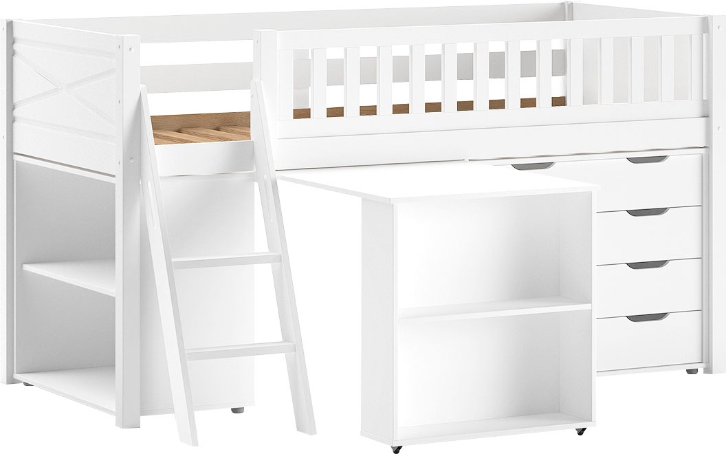 Vipack Spielbett, (Made in Europe), mit viel Funktion auf kleinem Raum, LF 90x200 cm, Kiefer weiß lackiert