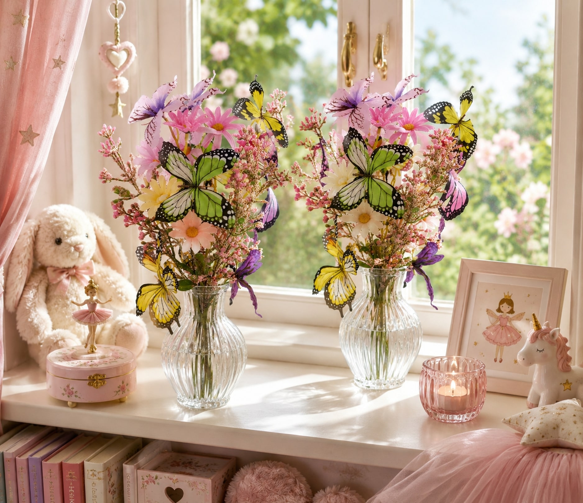 I.GE.A. Kunstblume »Strauß mit Schmetterlingen und Blüten 40cm 2er Set gebunden zum Strauß« Künstliche Blumen Blumenstrauß Bouquet Deko Zweig Blumendeko Hochzeit