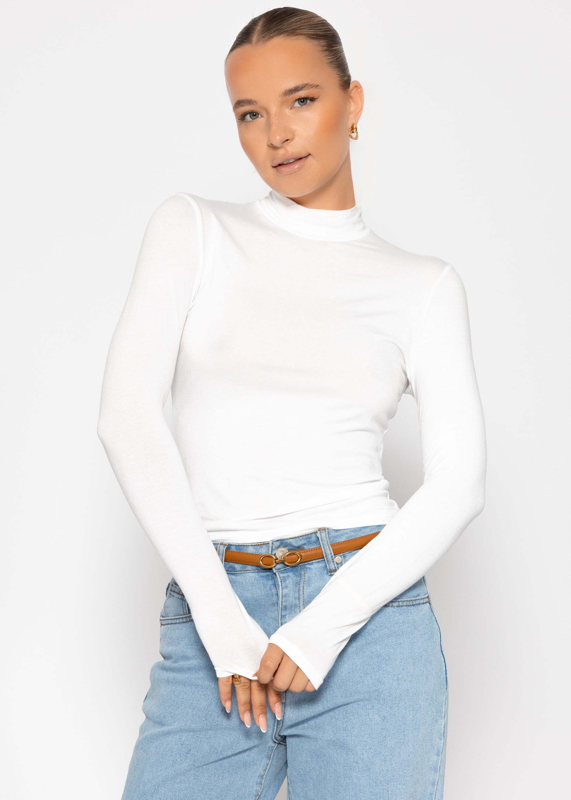 SASSYCLASSY Rollkragenshirt »Langarm Shirt mit Rollkragen« Figurbetontes Rundhalsausschnitt Shirt Braun Schwarz Weiß Grau