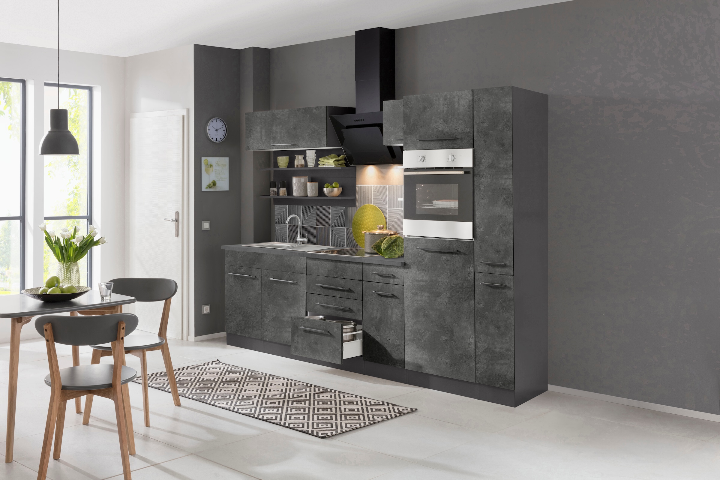 KOCHSTATION Küchenzeile »KS-Tulsa«, mit E-Geräten, Breite 270 cm, schwarze Metallgriffe, MDF Fronten