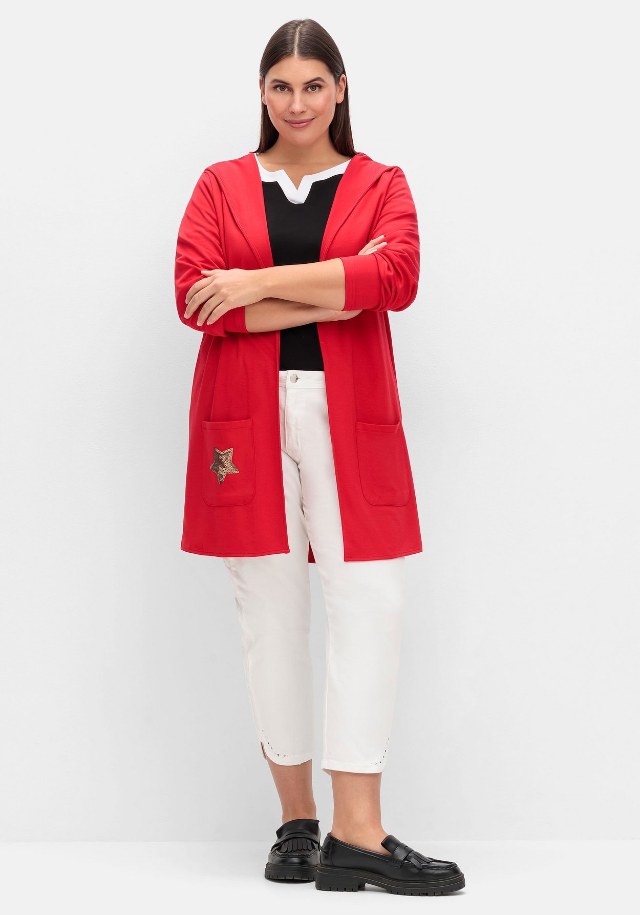 Sheego Longstrickjacke »Lange Shirtjacke mit Pailletten-Print im Rücken«