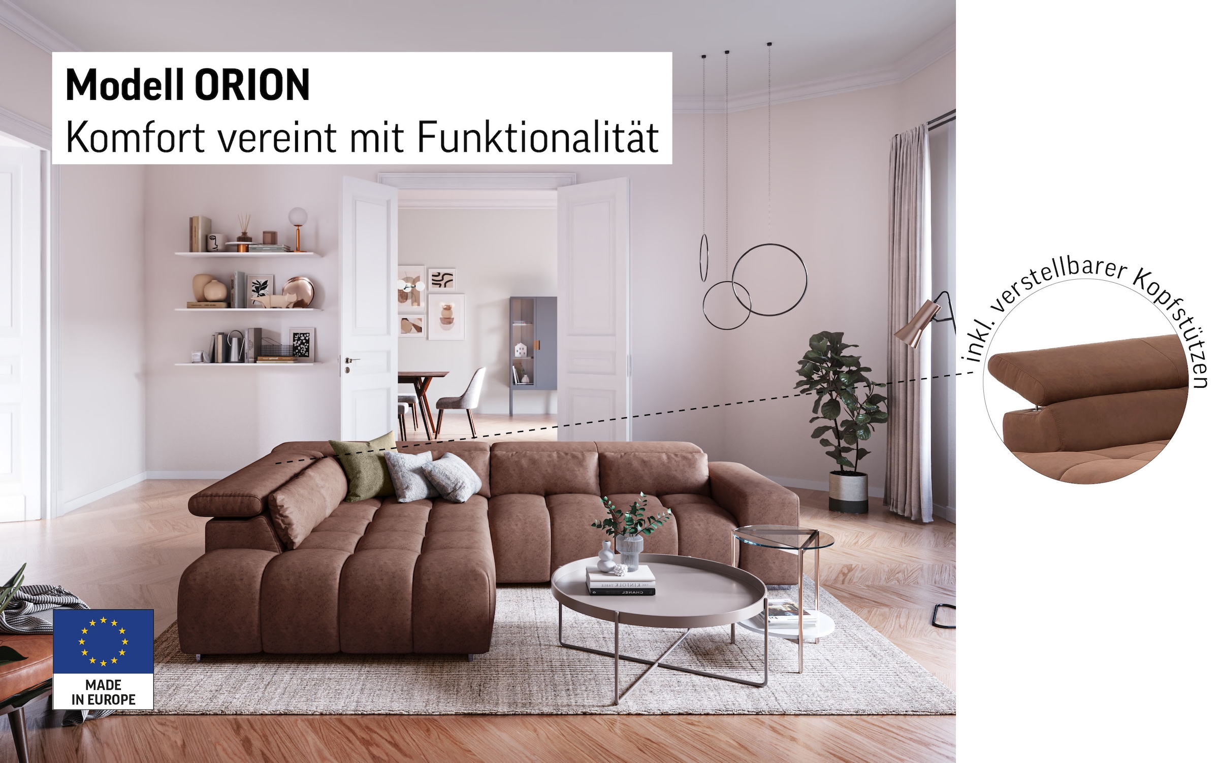 COTTA Ecksofa »Orion L-Form«, mit Kopfteilverstellung & 5 Nierenkissen