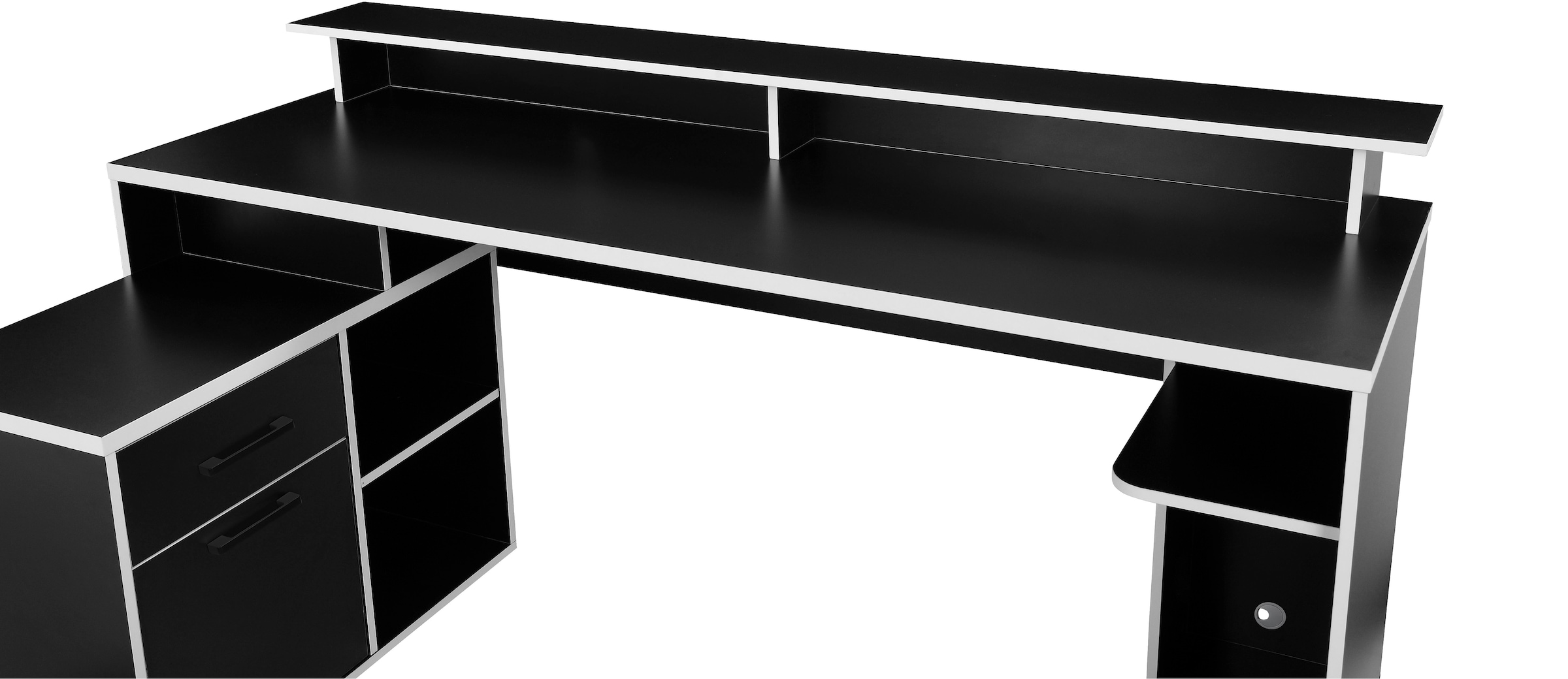 INOSIGN Gamingtisch »Game, Computertisch, Eckschreibtisch«, Towerfach, Kabeldurchlass, Monitoraufsatz, Stauraum, Maße 180x102 cm