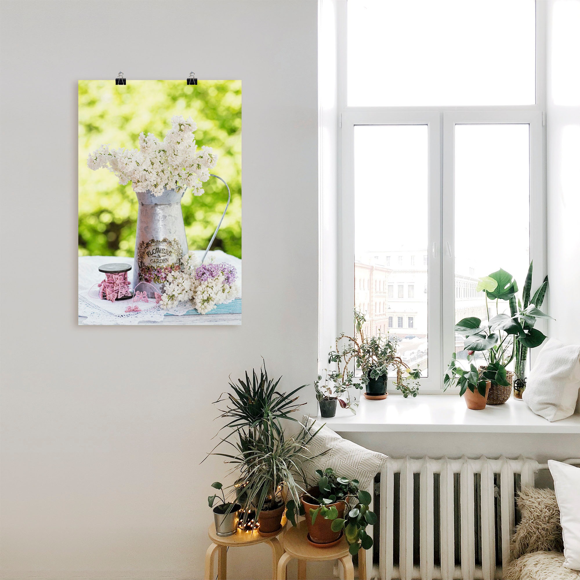 Artland Wandbild »Flieder und Shabby Chic Stillleben«, Blumen, (1 St.), als Alubild, Outdoorbild, Leinwandbild, Poster, Wandaufkleber