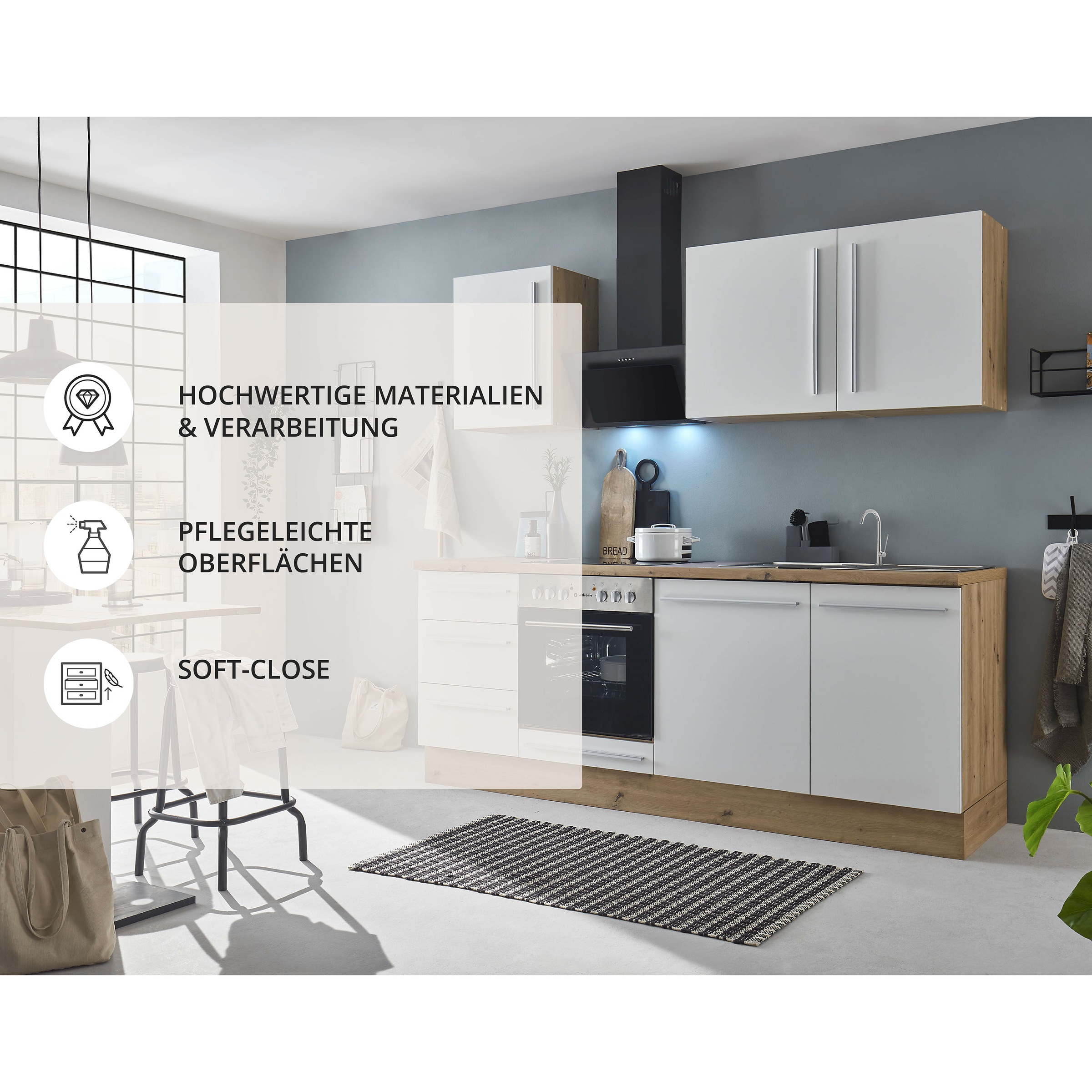 KOCHSTATION Küchenzeile »KS-Florida mit 38mm starker Arbeitsplatte«, Breite 220 cm, wahlweise mit E-Geräten, Soft-Close-Funktion