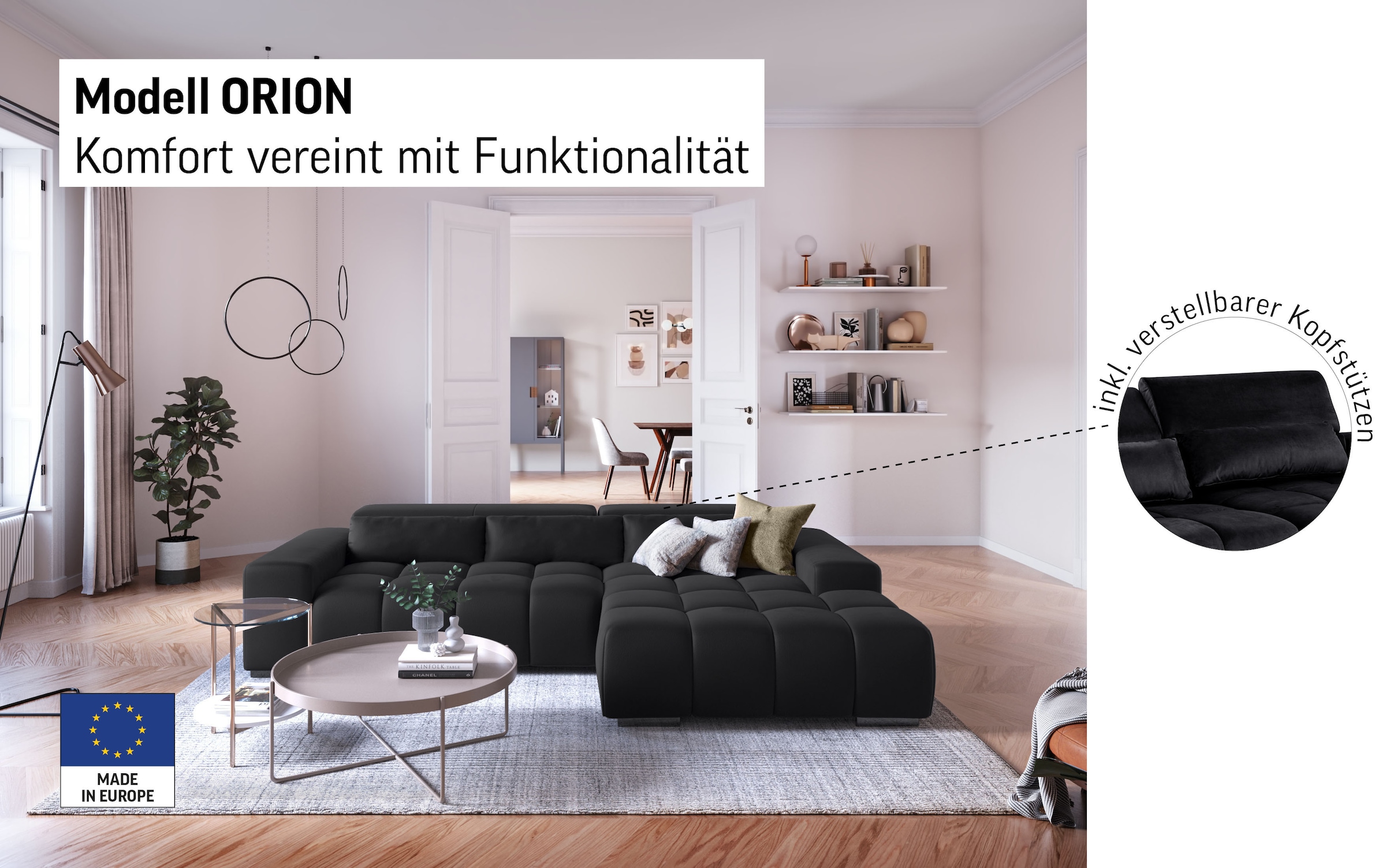 COTTA Ecksofa »Orion L-Form«, mit Recamiere, inkl. verstellbaren Kopfstützen und 3 Kissen