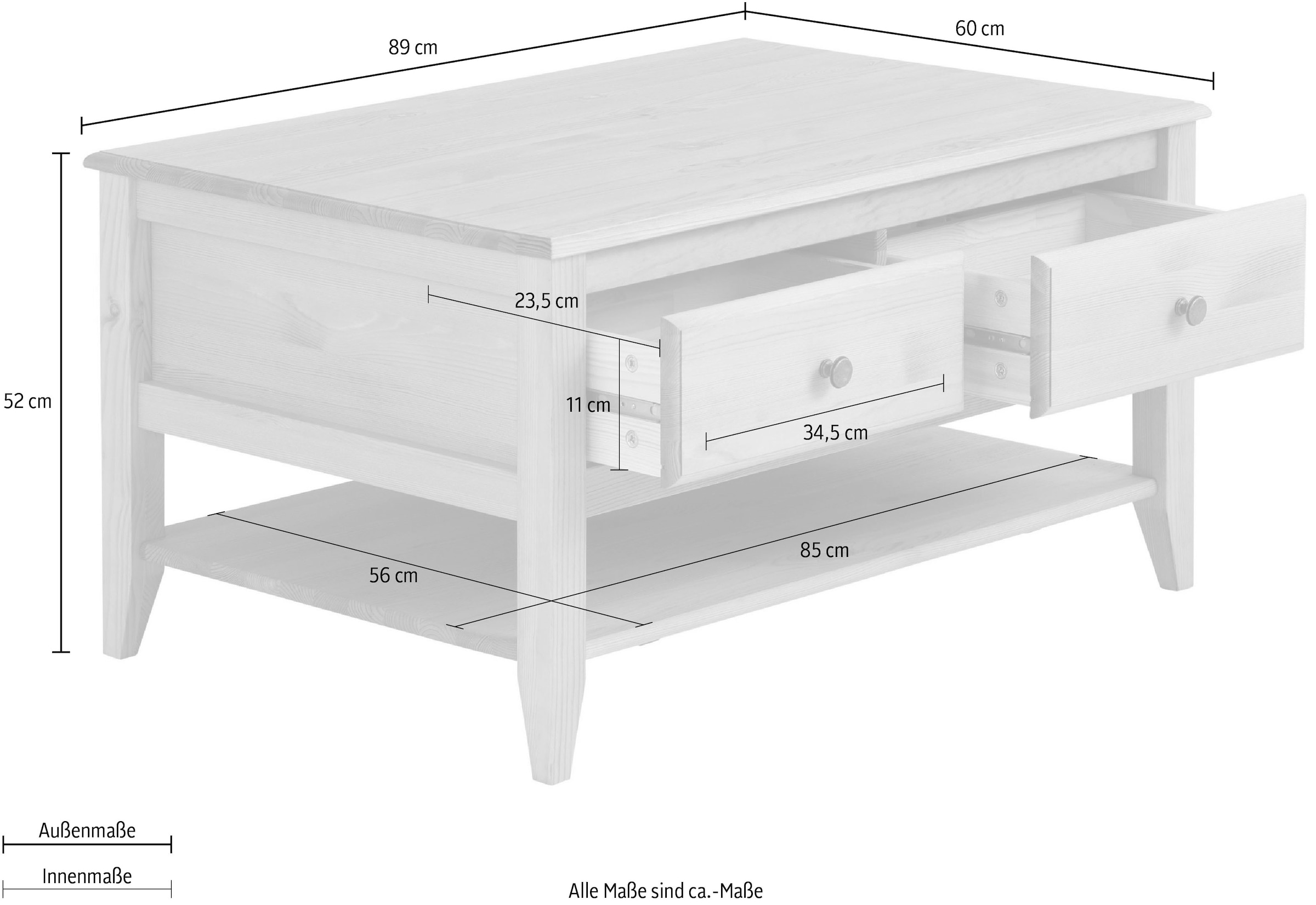 OTTO home Couchtisch »Leonis« Breite 89 cm, mit Schubladen und Ablageboden, massiver Kiefer,  FSC®