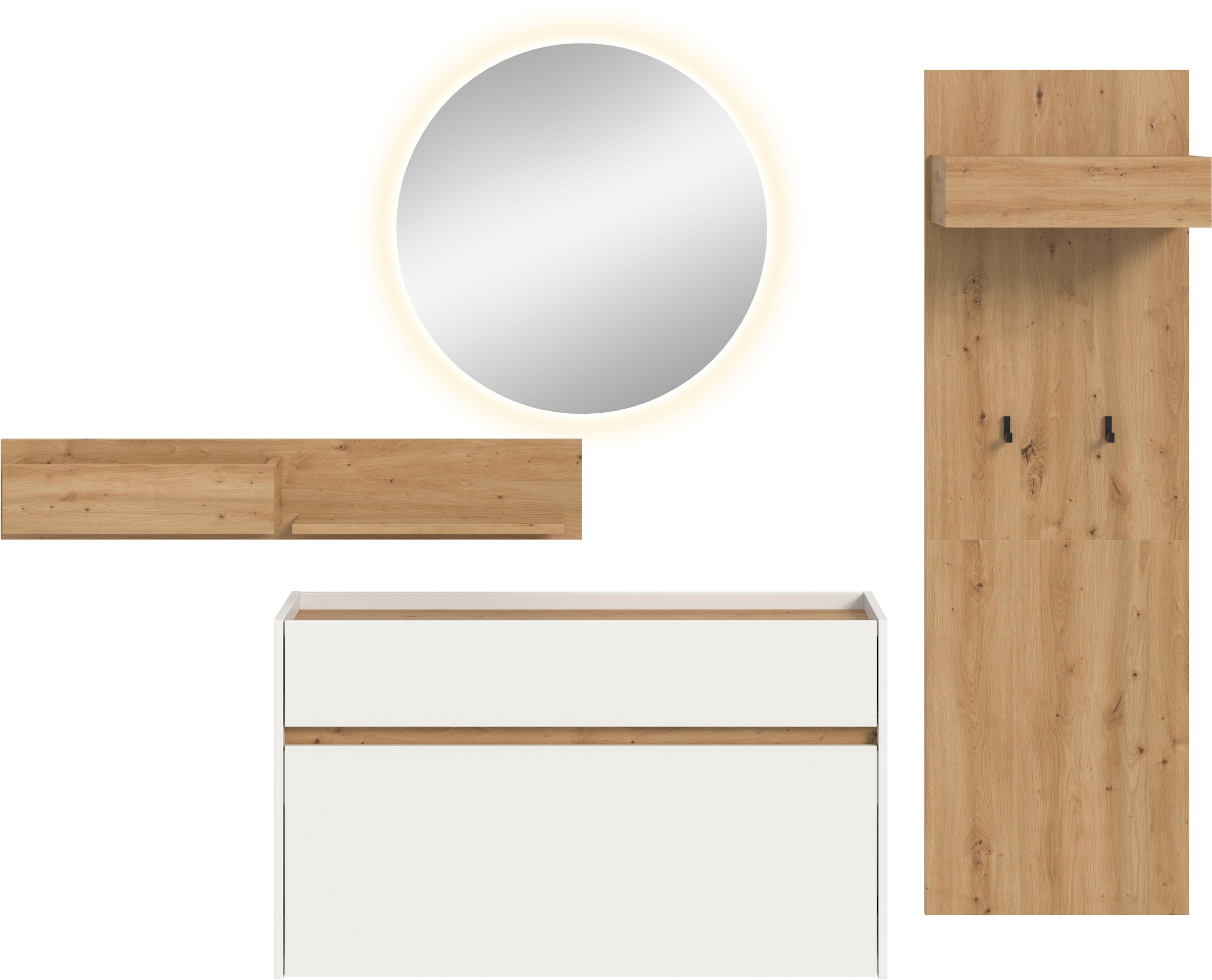 INOSIGN Garderoben-Set »EVRID, 4-teilig, Breite 205 cm, inkl. Beleuchtung« best. aus: Wandboard, Kommode, Spiegel, Garderobenpaneel, 4 Stk. tlg.