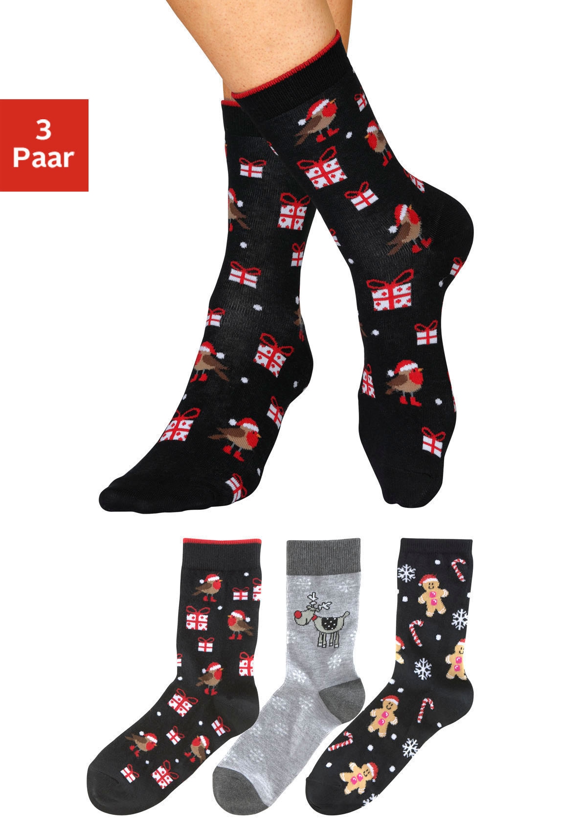 H.I.S Socken, (Packung, 3 Paar), mit lustigen Weihnachtsmotiven