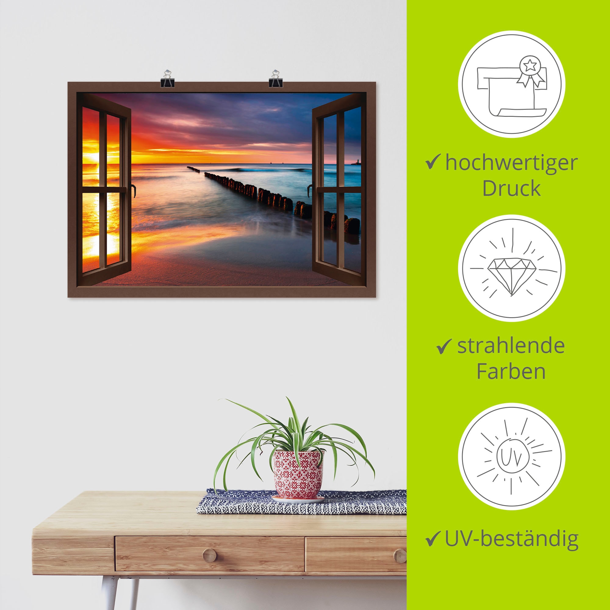 Artland Wandbild »Fensterblick Ostsee mit Sonnenaufgang«, Fensterblick, (1 St.), als Leinwandbild, Poster, Wandaufkleber in verschied. Größen