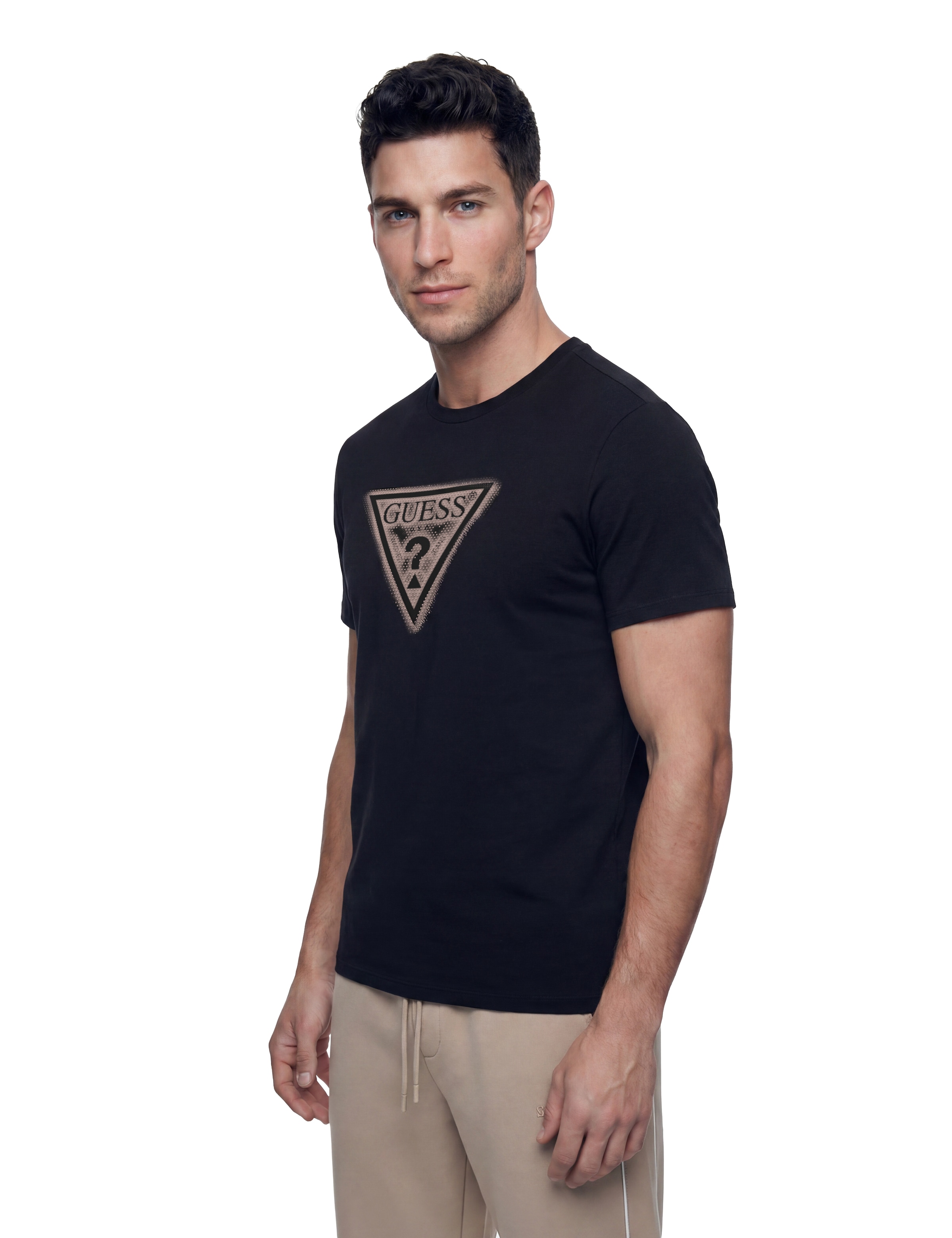 Guess T-Shirt »TRIANGLE SPRAY TEE« Rundhalsausschnitt, Baumwoll-Mix, Slim Fit