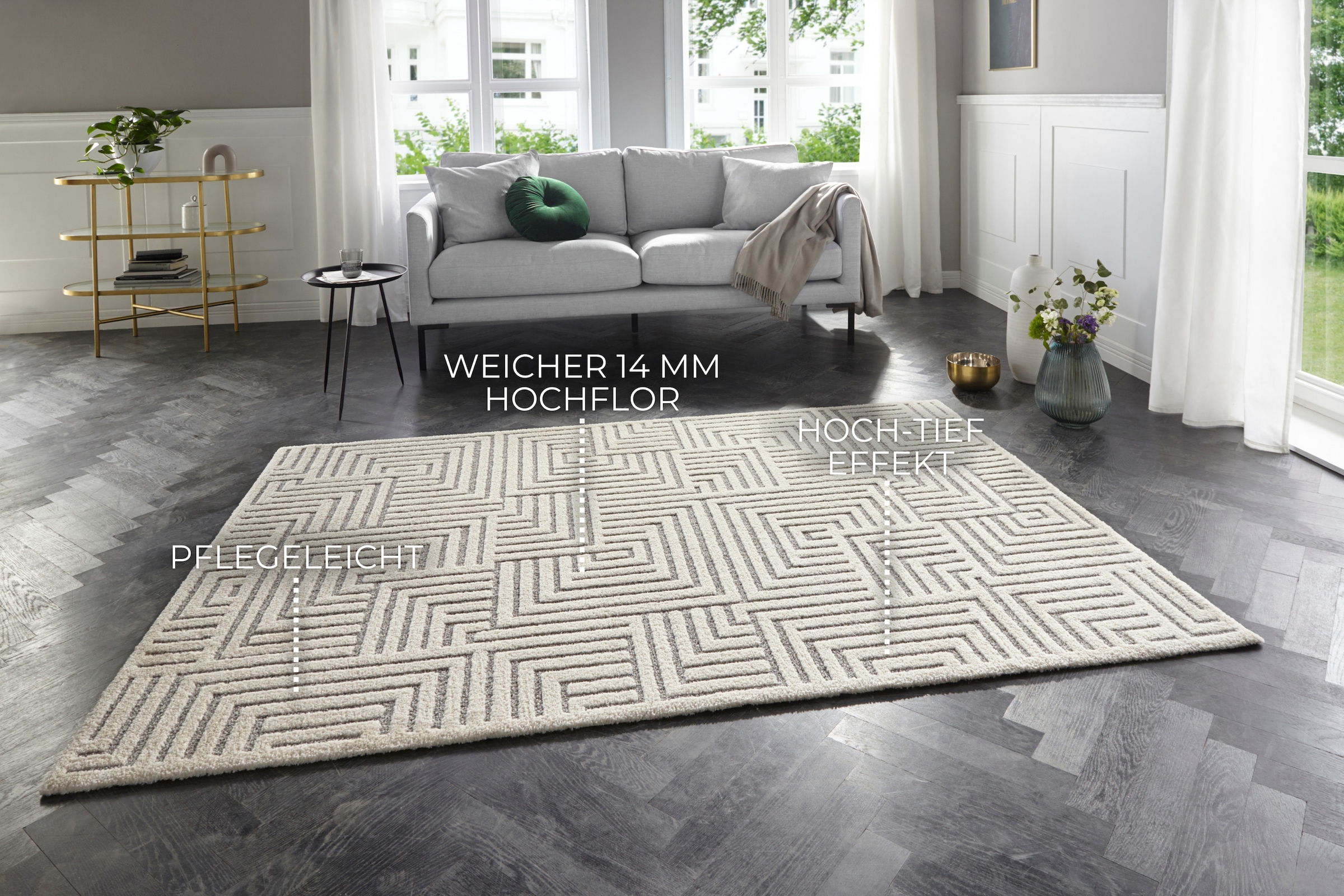 ELLE DECORATION Designteppich »Manipu«, rechteckig, 14 mm Höhe, Flauschiger Kurzflor, Hoch Tief Effekt, Modern, Weich, Wohnzimmer