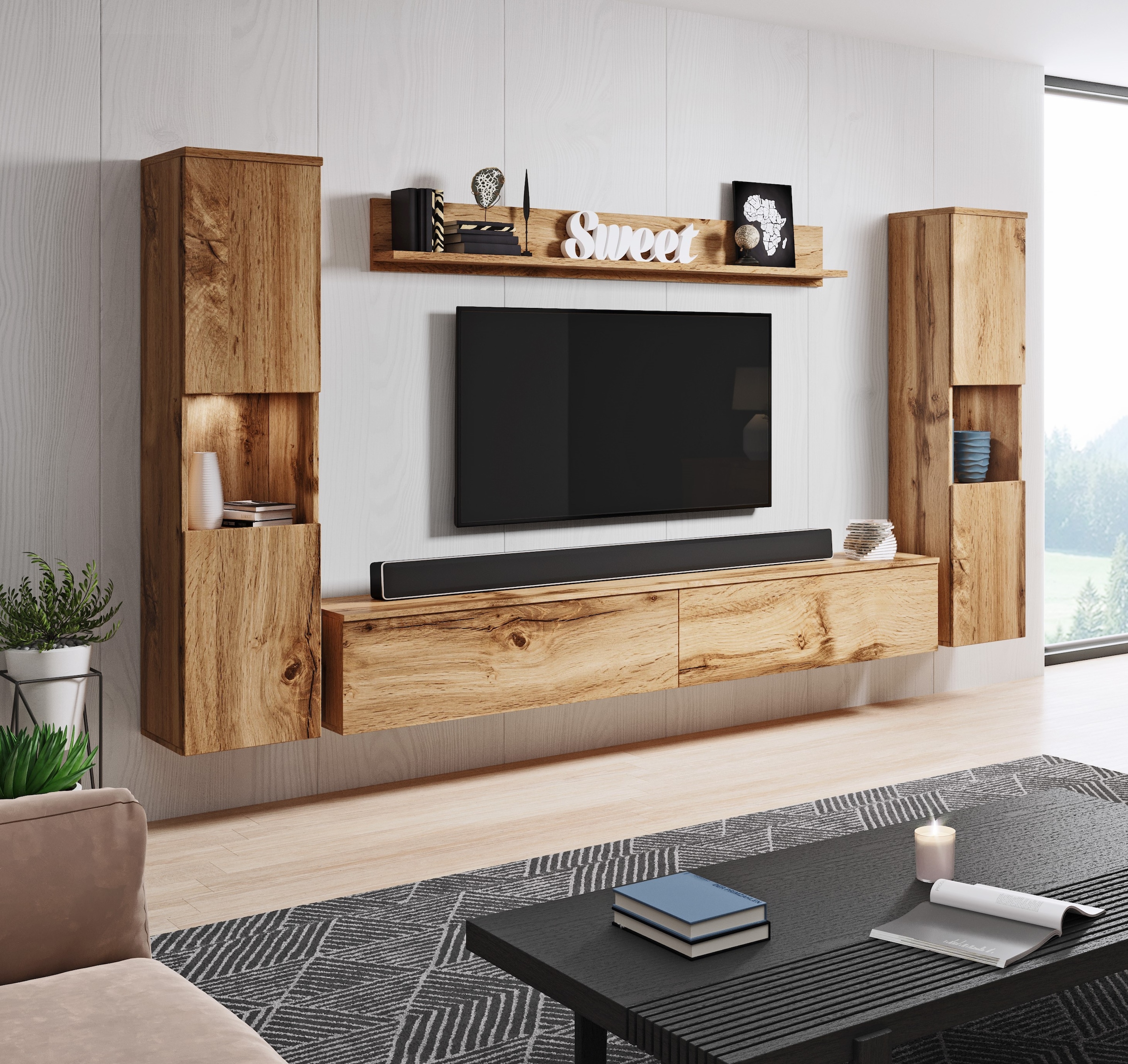 INOSIGN Wohnwand »PARIS«, (Komplett-Set, 4 St.), TV-Wand 260cm breite, grifflose Design, stehend und hängend montierbar