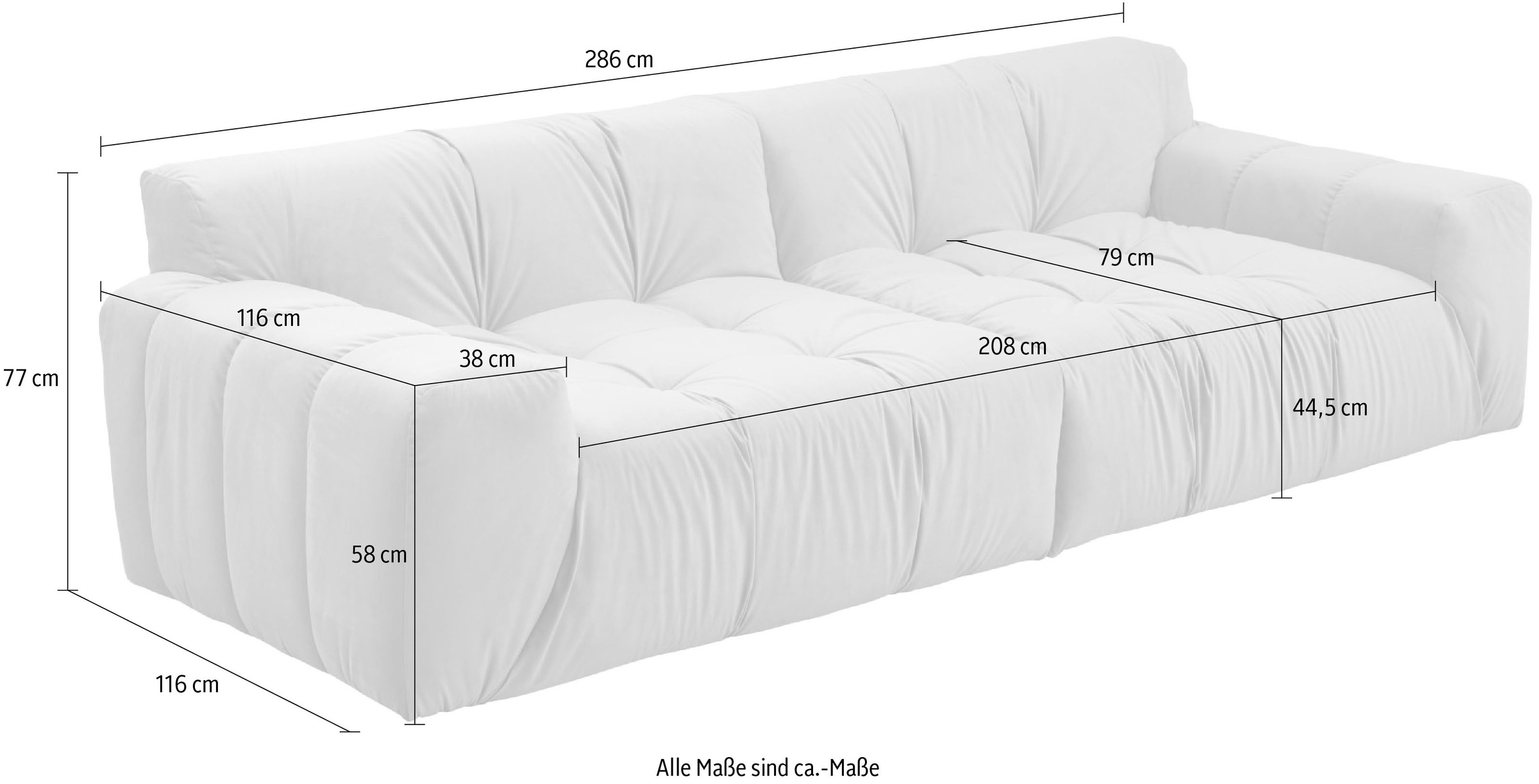 INOSIGN 3-Sitzer »Calmara, Breite 286 cm, weicher Lounge-Sitzkomfort«, bodentief, Samt oder Chenille, mit Knopfsteppung