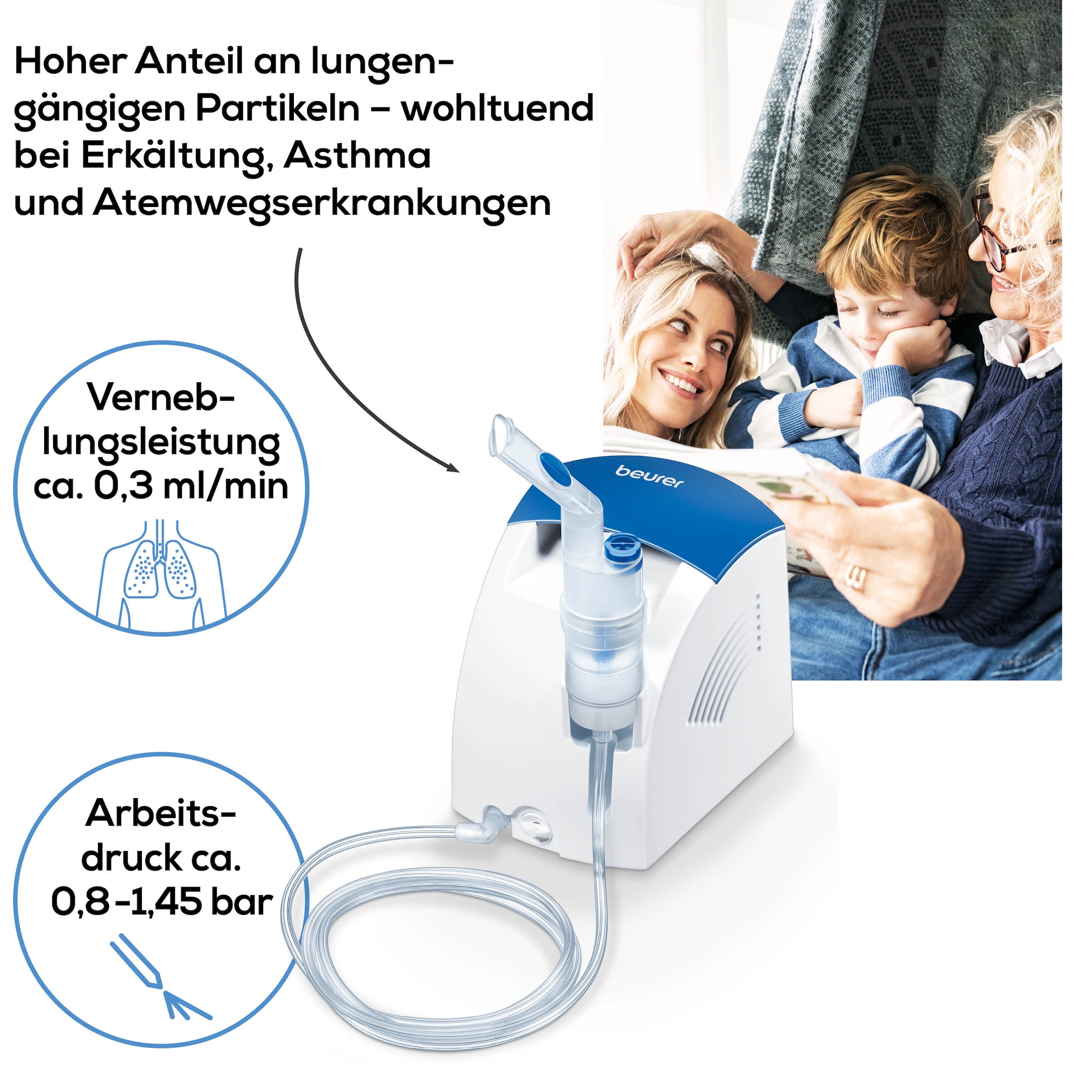 BEURER Inhalationsgerät »IH 26 mit kurzer Inhalationszeit dank extra hoher Verneblungsleistung«, Zur Behandlung der oberen und unteren Atemwege, wie z.B. bei Asthma