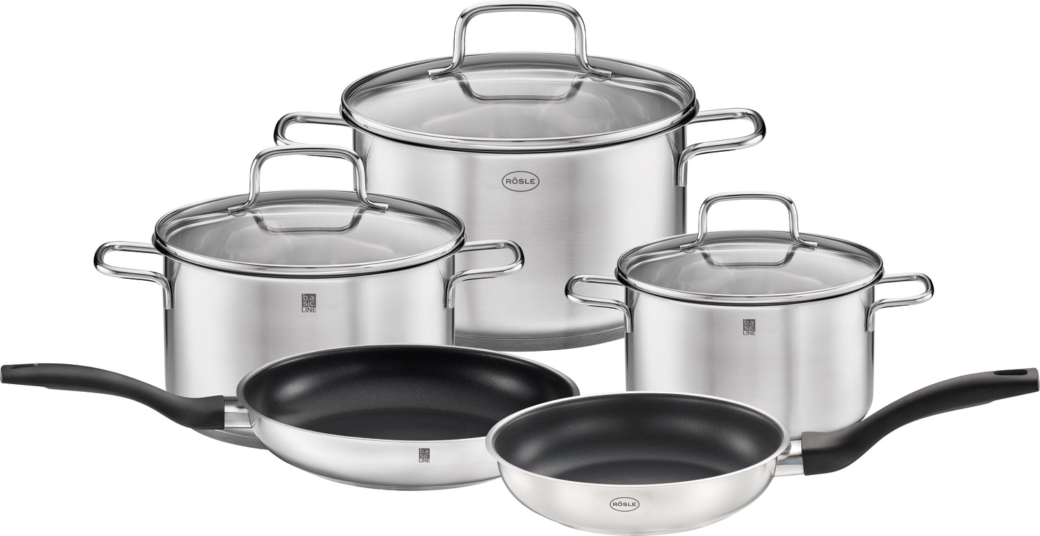 Rösle Topf-Set »Basic Line« Set, 1 Kochtopf Ø 16/20/24 cm, 1x Bratpfanne Ø 20 cm, 1x Bratpfanne Ø 28 cm, 5 Stk. tlg. Edelstahl 18/10 in silberfarben